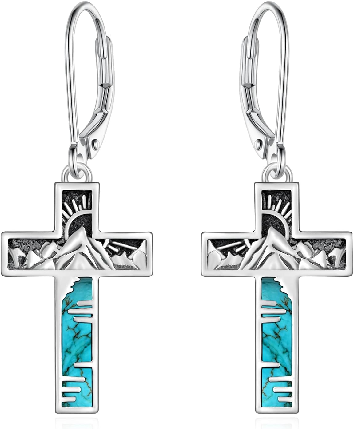 Genuine Turquoise Cross Earrings 925 Sterling Silver Turquoise Earrings Vintage Western Mountains Cross Turquoise Jewelry for Women