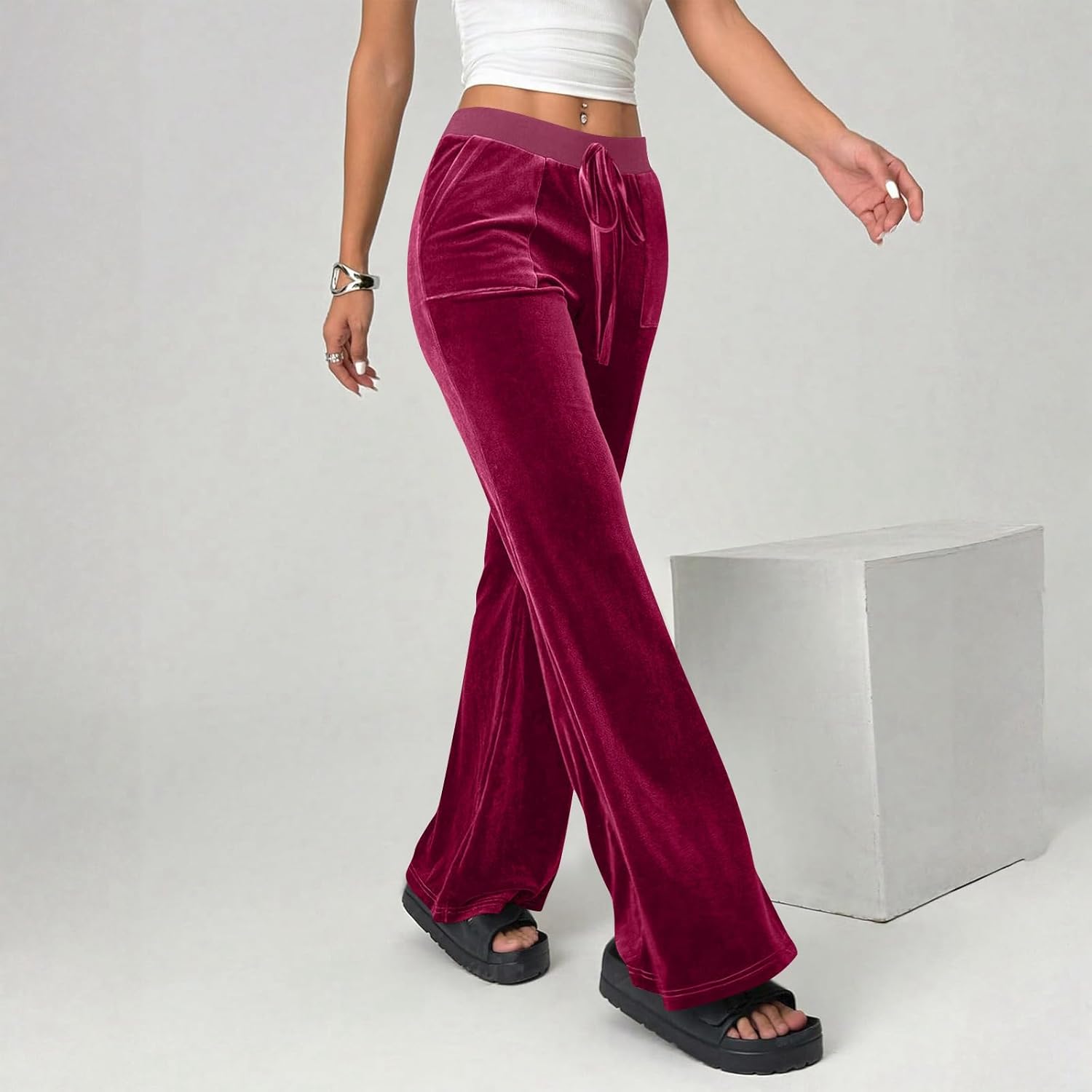 Womens High Waisted Velvet Flare Pants Elastic Waist Soft Stretch Velvet Trousers with Pockets Casual Party Wide Leg Pants - Image 5