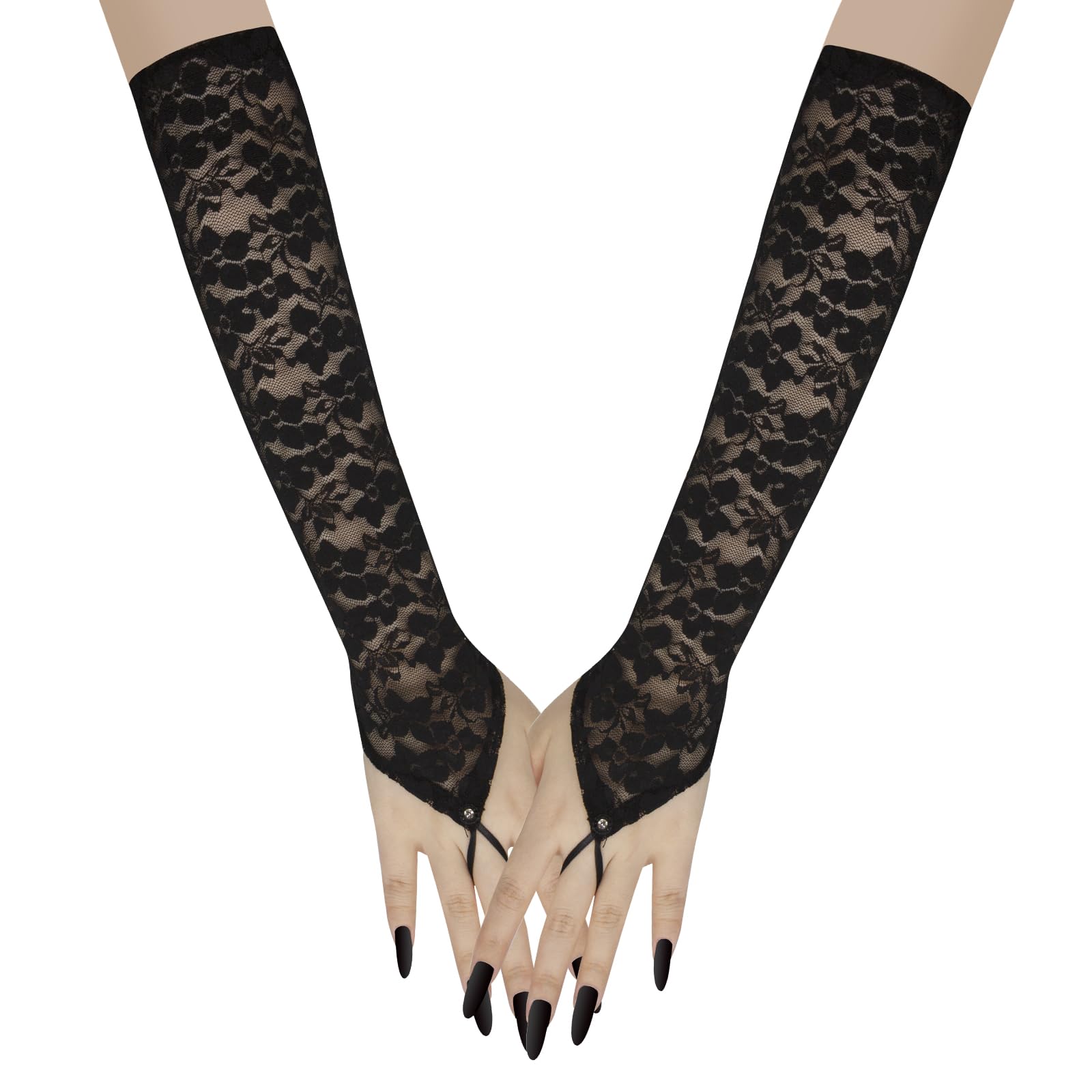 Long Keeper Elegant Floral Lace Gloves for Women Elbow Length Fingerless Long Gloves with Finger Loops for Bridal Opera Evening Wedding Party Prom, One Size (Black, One Size)