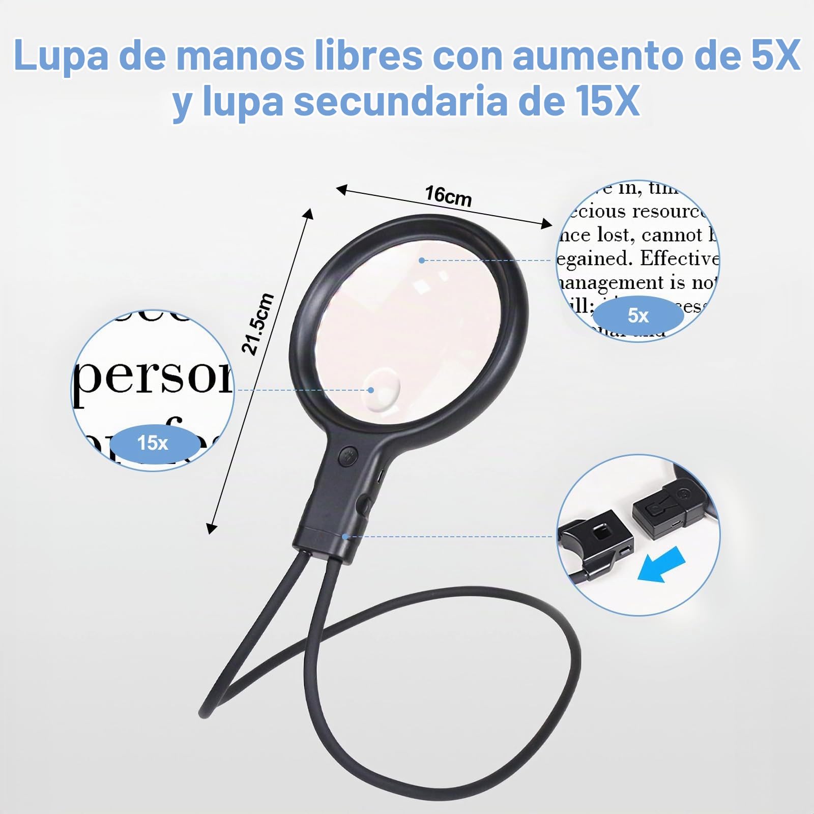 Cuteefun Lupa 5X/15X con Luz, Lupa Lectura de Cuello Manos Libres | 3 Modos Color, Brillo Ajustable, Lupa de Cuello de Cisne Flexible Recargable para Mayores, Costura, Reparaciones, Leer libros