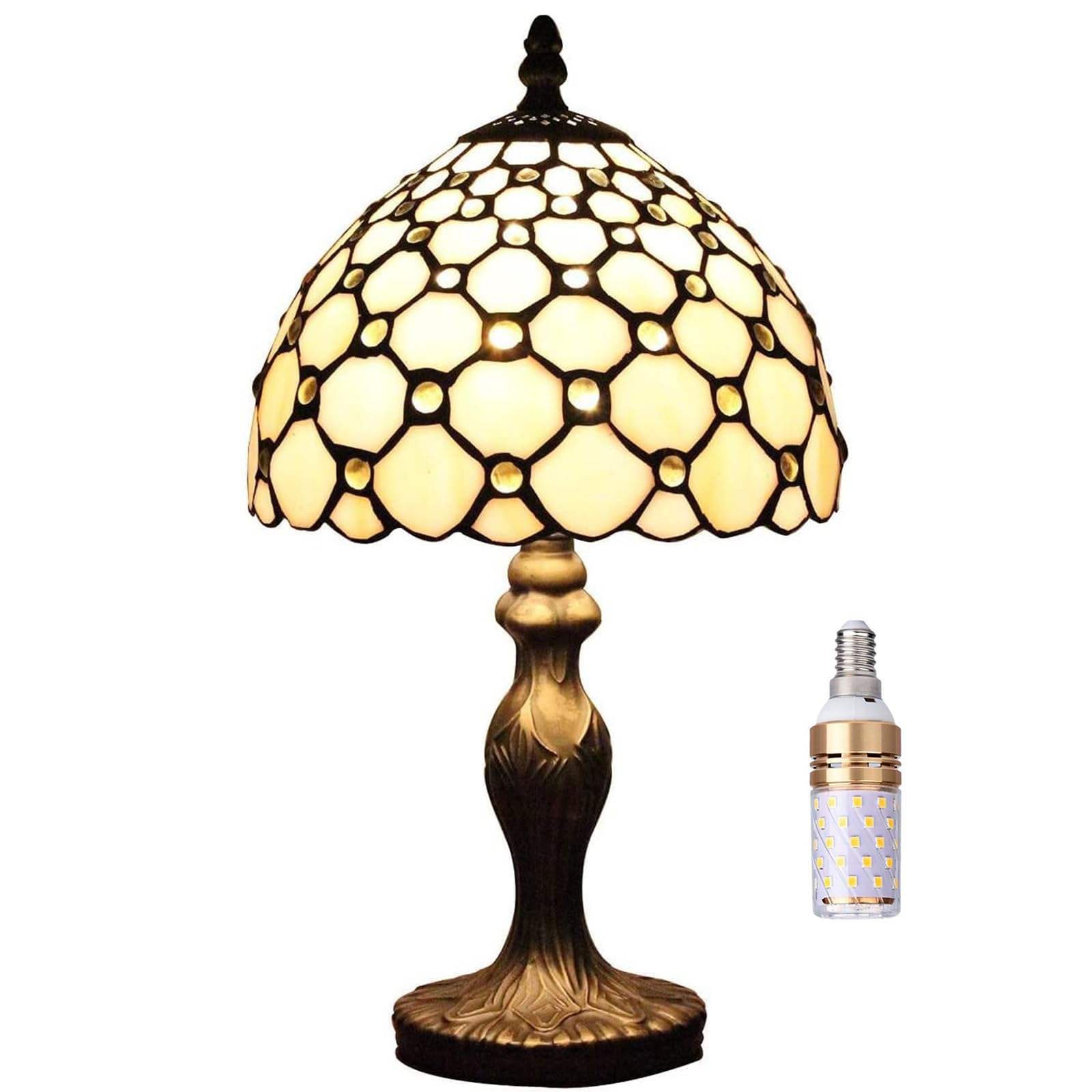 Tischlampe kleine im Tiffany Stil,Vintage Nachttischlampe,Schlafzimmer Fensterbank Deko Lampe,Jugendstil Tischleuchte,Beige Buntglas Lampenschirm 20cm / 8 Zoll mit LED E14 Birne