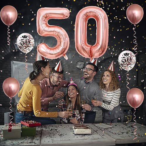Image of Rose Gold 50th Birthday Balloons & Decorations - Metallic Foil Number 50 & Confetti Balloons, 40 Inch Latex