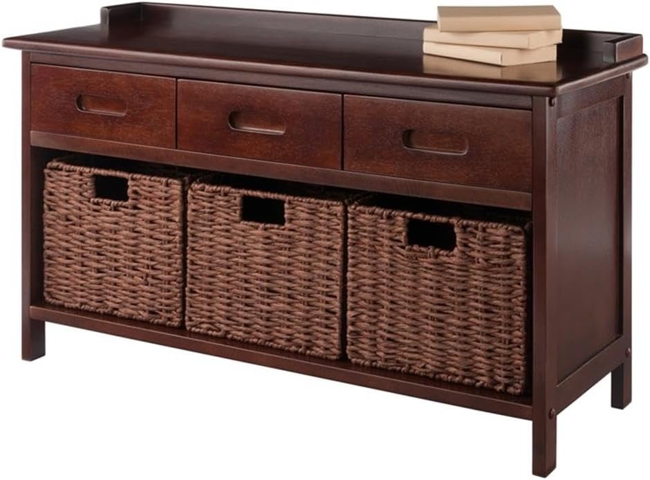 Adriana 4-Pc Storage Bench with 3 Foldable Woven Baskets - Walnut