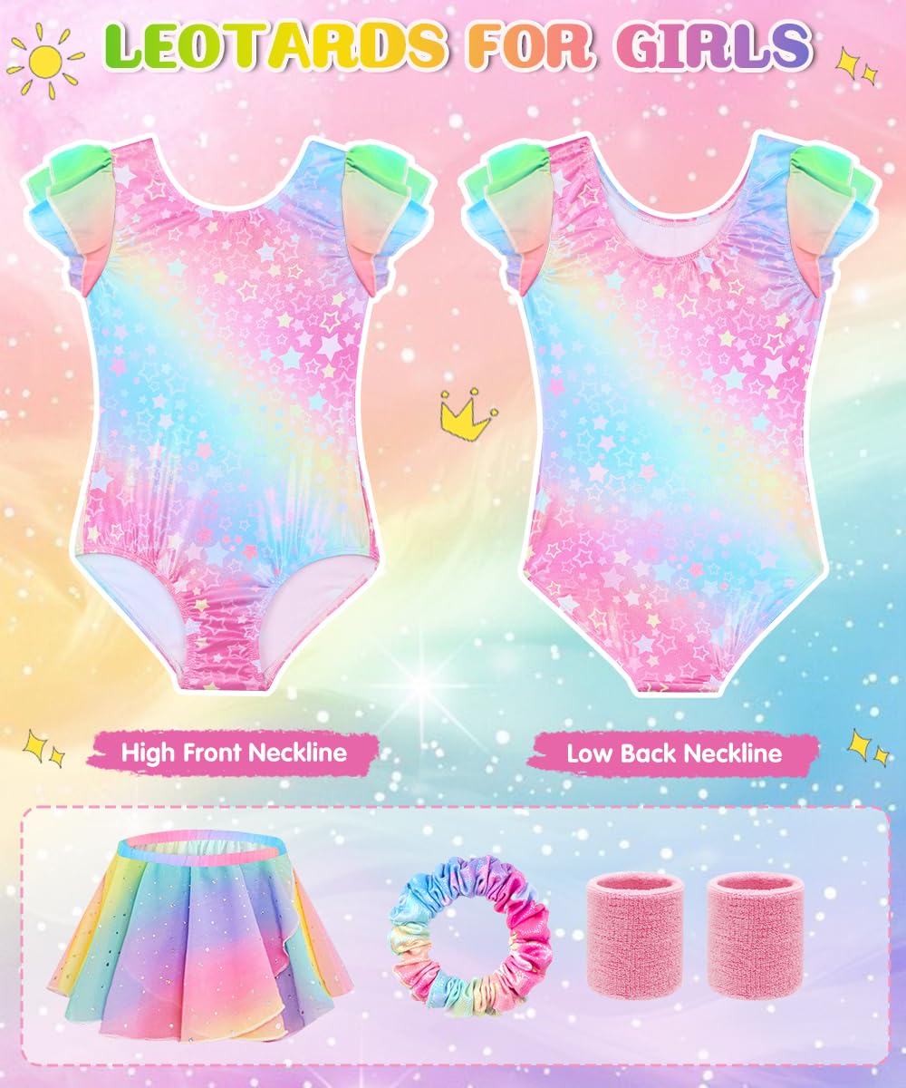 Maillot Gimnasia Rítmica Niña Conjunto 5 Piezas Sin Mangas Falda Cinta Cabello Muñequeras Ballet 4-9 Años