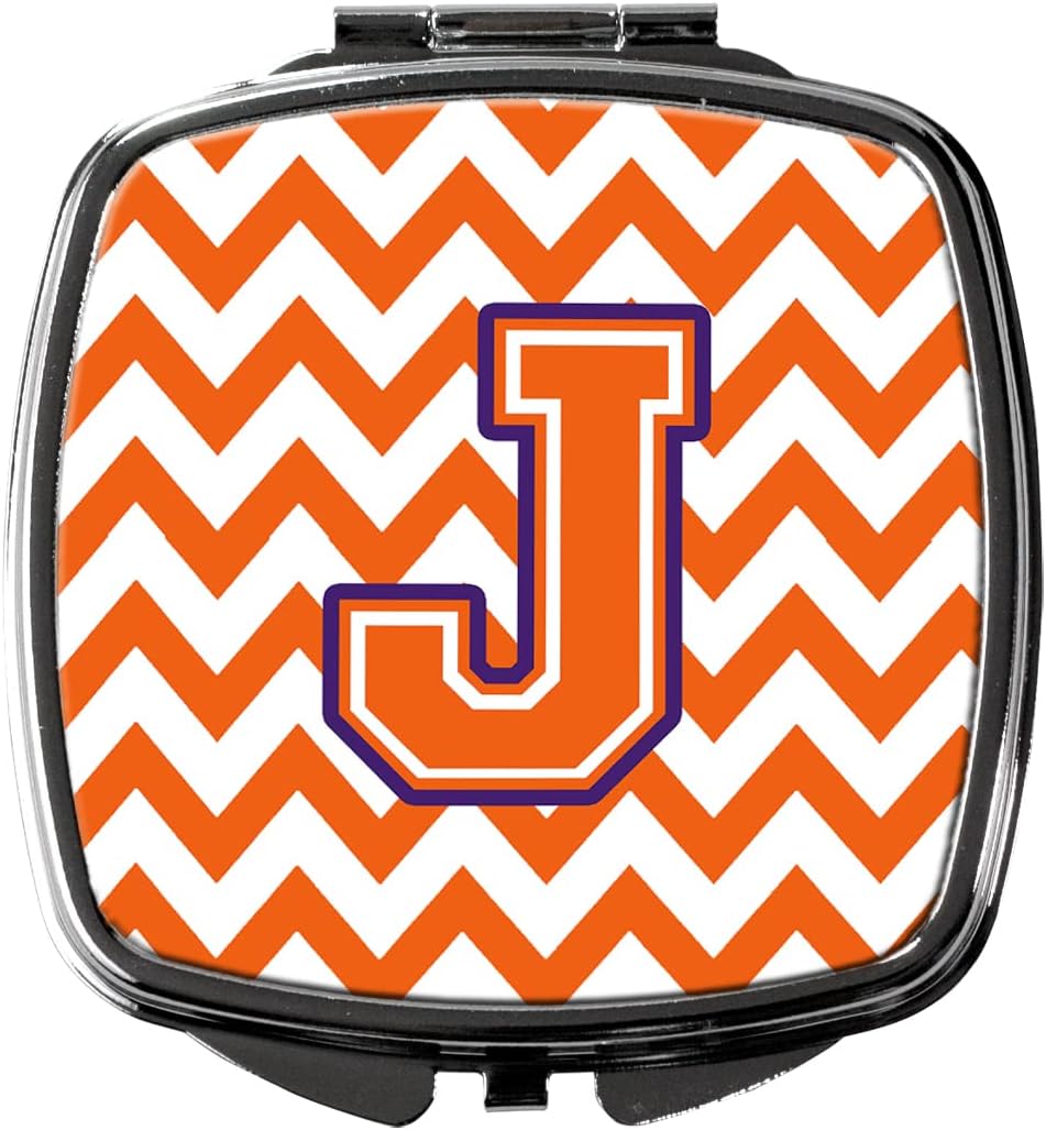 Caroline's Treasures CJ1062-JSCM Letter J Chevron Orange and Regalia Compact Mirror Decorative Travel Makeup Mirror for Women Girls Gifts Pocket Makeup Mirror Folding Handheld