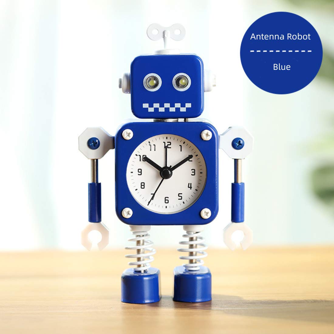 Diskary Roboter Wecker,Nicht tickende Wecker mit blinkenden Augen Lichtern und drehbarem Arm,Geschenk an Kinder (Blau)
