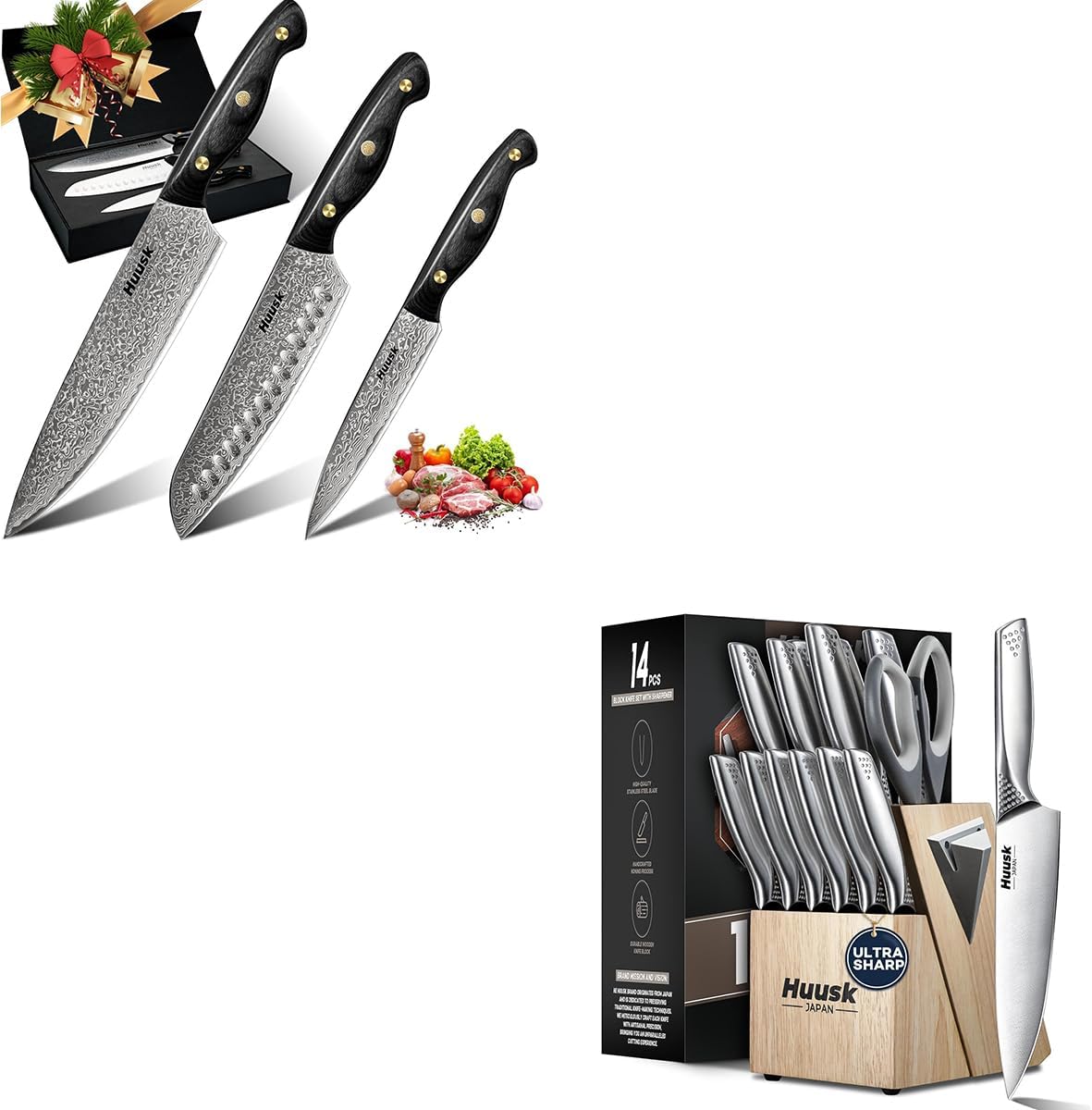 Huusk Knife Set with Block and Sharpener,17 Pcs Japanese Stainless Steel Kitchen Knife Sets Dishwasher Safe,Damascus Paring Knife Set for Meat Vegetable Fruit, Dad Mom Gift