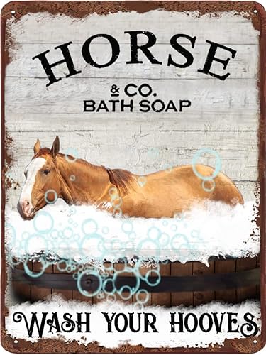 Letrero de metal para pared de baño, diseño vintage de jabón de baño, caballo, letrero de hojalata retro con texto en inglés "Wash Your Hooves",