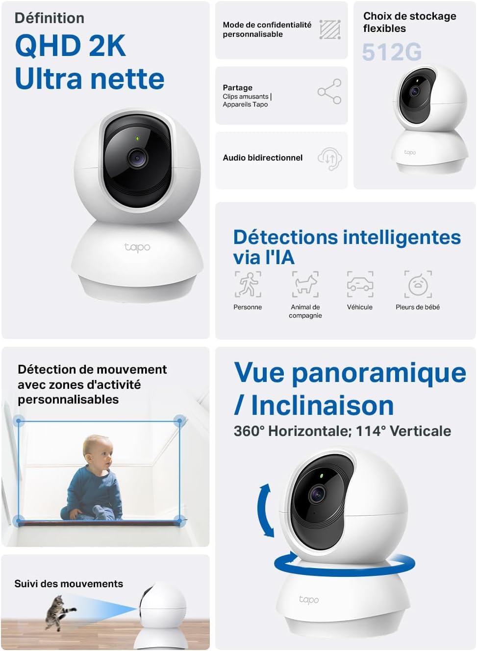 Tapo C210 2 Pack Caméra WiFi Intérieure 2K QHD 3MP, Rotation 360°, Détection de Personne, Vision Nocturne, Audio Bidirectionnel