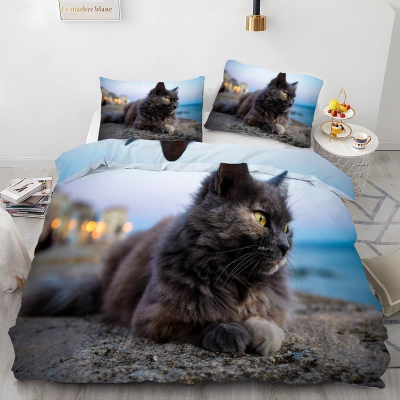 Blue Long Haired Cat California King Duvet Cover Animal Print Bedding Soft Microfiber Comforter Cover and 2 Pillow Shams 20"X36", Bed Set Duvet