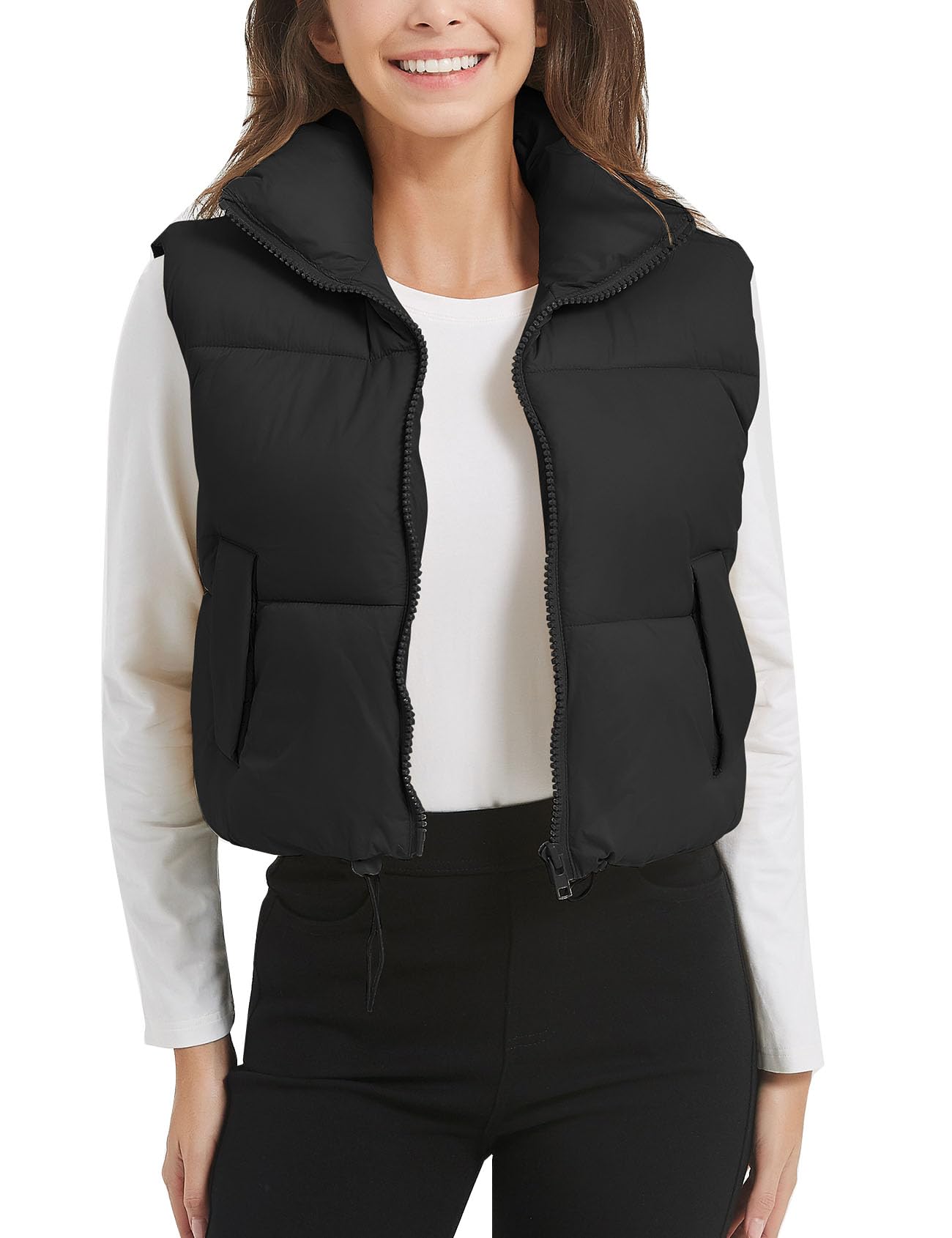 Flygo Puffer Vest Women Cropped Vest Zip Up Stand Collar Sleeveless Padded Winter Down Jacket Black M