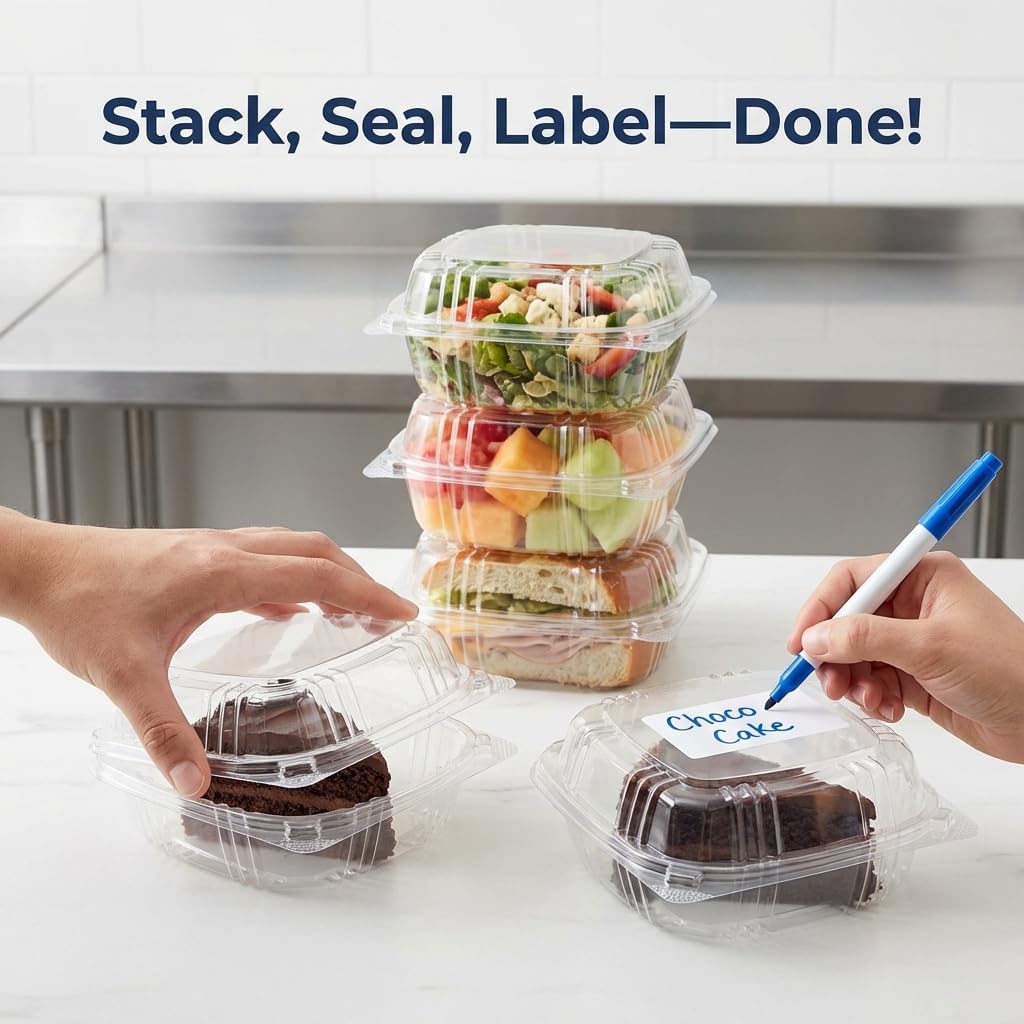 Mr Miracle Clamshell Containers - Clear Disposable Plastic To-Go, Leak-Resistant and Durable for Delivery like Uber Eats, Ideal for Cakes, Salads, Small Sandwich, Personalizable (5" X 5" - 100 Count) - Image 4