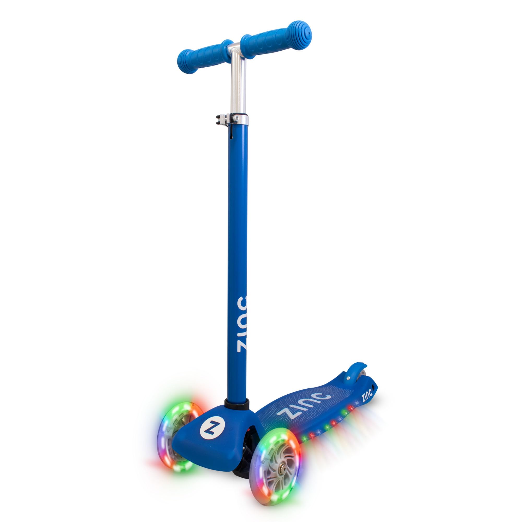 Zinc Superstar Kids Scooter for Ages 3+ – Three Wheeled Boys & Girls Scooter with LED Light Up Deck & Wheels, Adjustable Handlebar, Lean ‘n’ Steer Controls, Rear Brake, Soft Rubber Grips, Blue