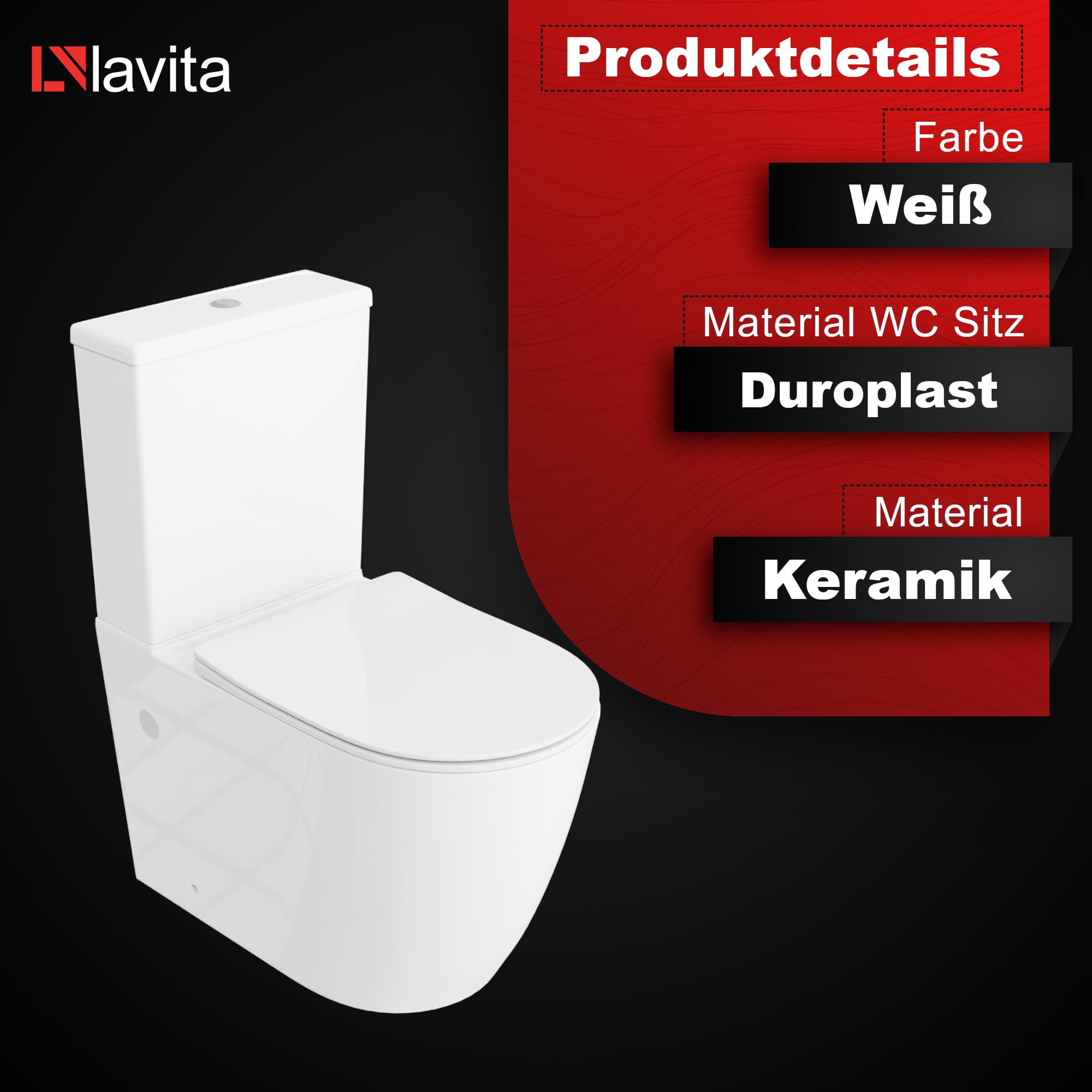 LAVITA WC monoblocco con cassetta di scarico integrata RUNSON WHITE | Set completo | Coperchio WC con chiusura ammortizzata | WC in ceramica senza brida | Vaso WC | Sistema di scarico TORNADO