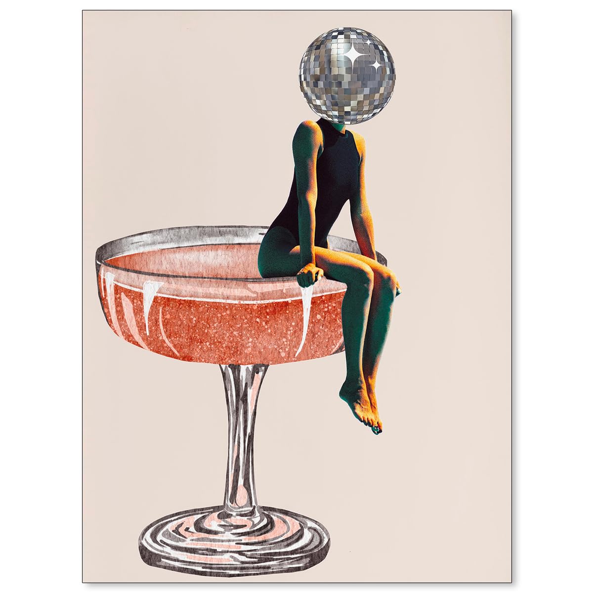 CIDLNMY Disco Ball Head Poster Retro Funky Cocktail Girly Canvas Wall Art Trendy Beige Prints Bar Cart Wall Decor Vintage 70s Prints Painting 12x16inch Unframed