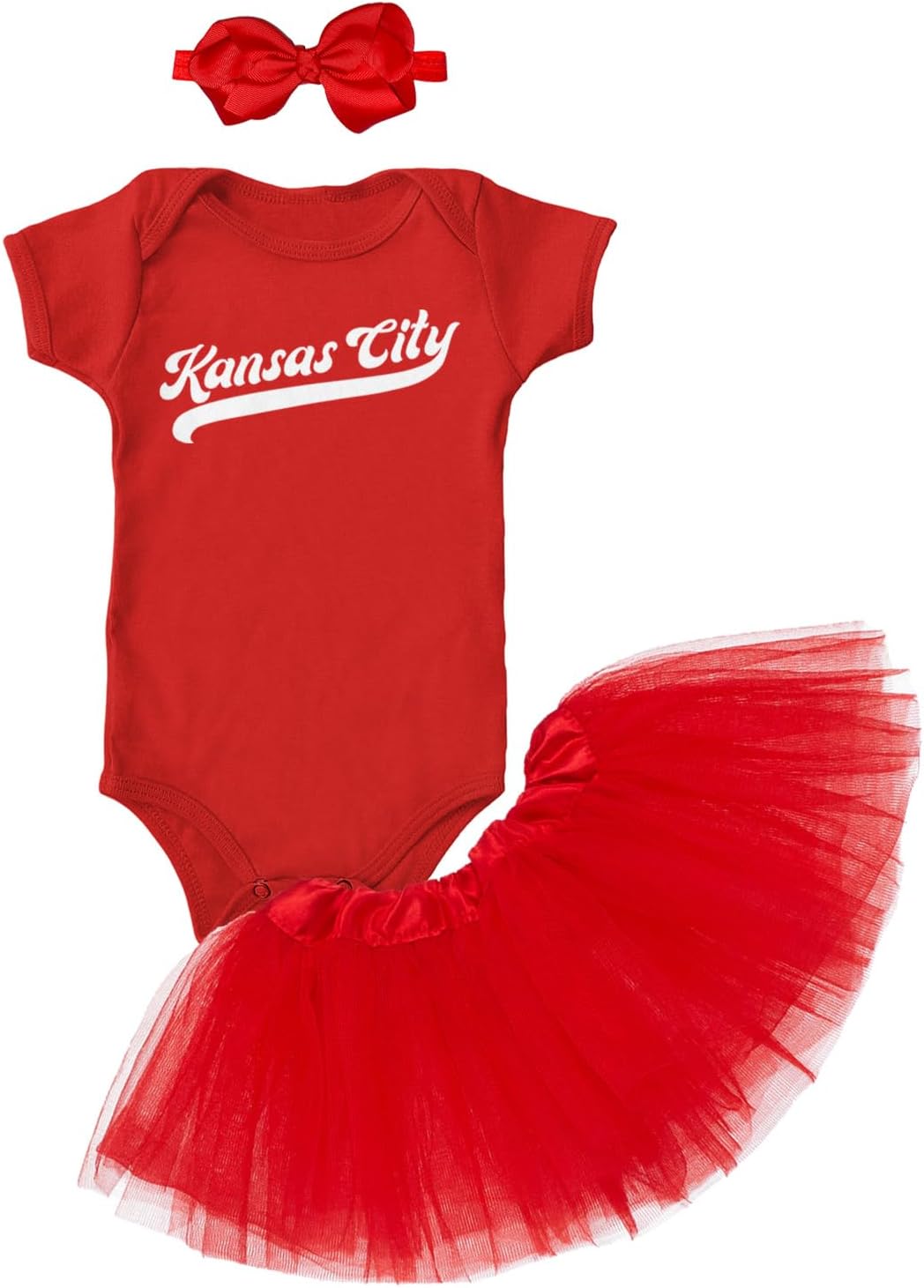 Kansas City - Baseball Jersey Style Script Baby Bodysuit + Tutu Skirt + Bow Headband Set