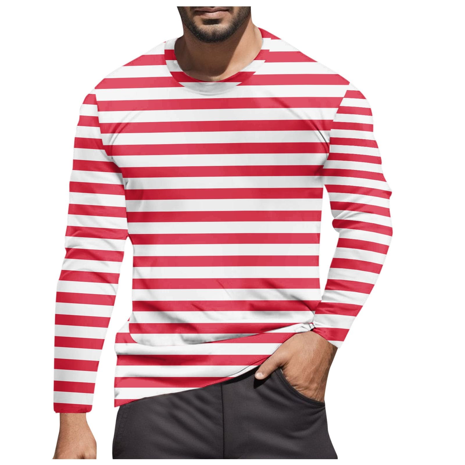 Striped Shirt Men Women Red White Long Sleeve T-Shirt Carnival Long Sleeve T-Shirt Horizontal Stripes Wide Stripes Fine Stripes Crew Neck Leisure Top Striped Shirt Fancy Dress Costumes, Red 10, 3XL