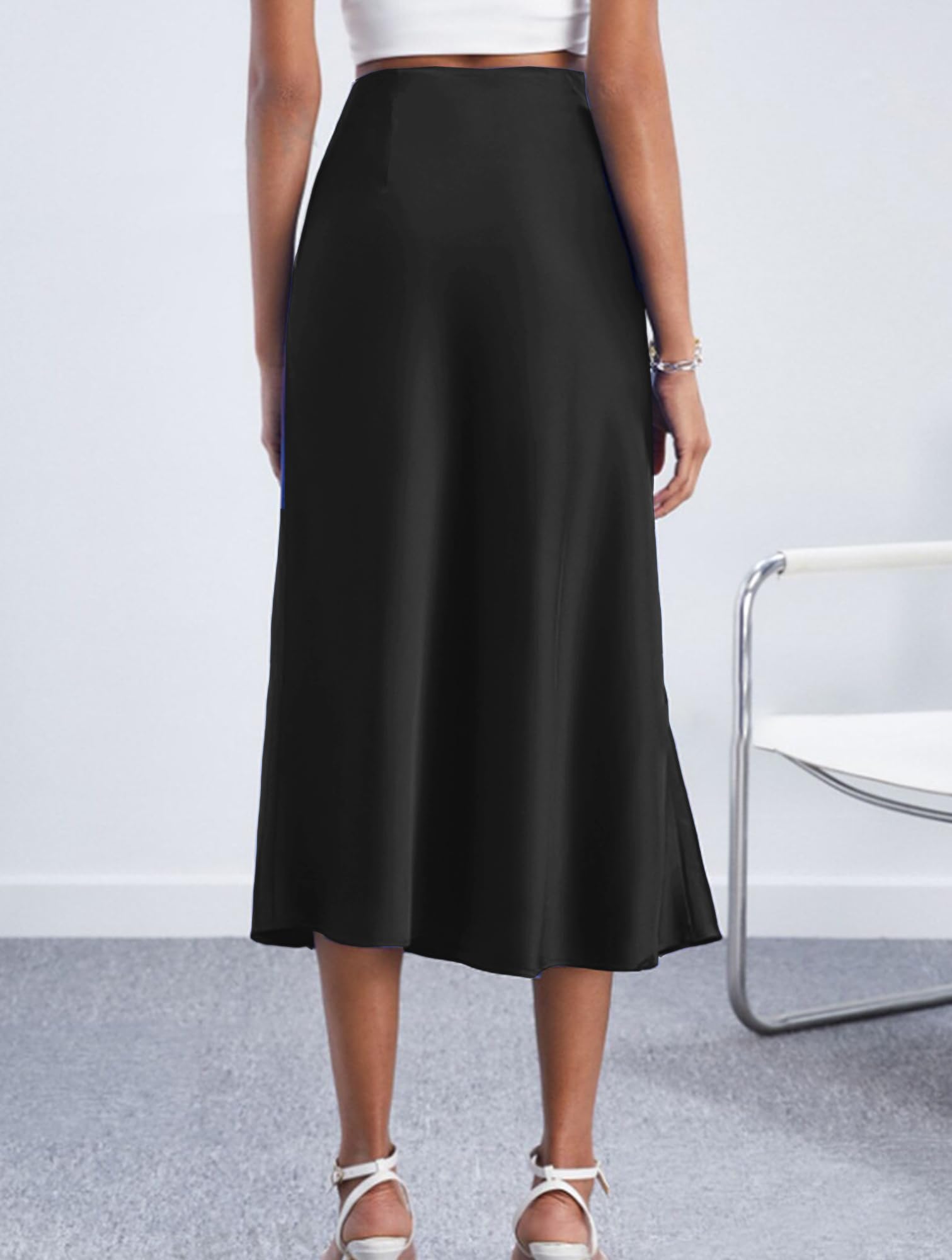Damen Satin Rock Midi Länge Rock A Linie Skirt Elegant Seidiger Midirock