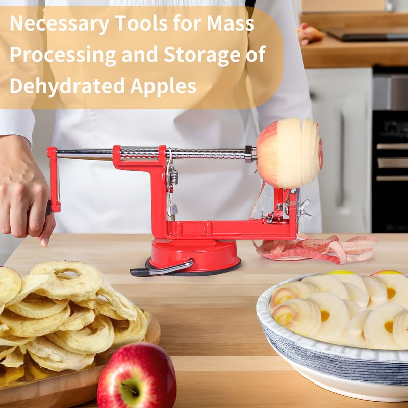 Apple Peeler Corer, SZ LINGKE 3 In 1 Apple Peeler Slicer Corer with Powerful Suction Base and Stainless Steel Blades for Apples Pears and More, Vermilion
