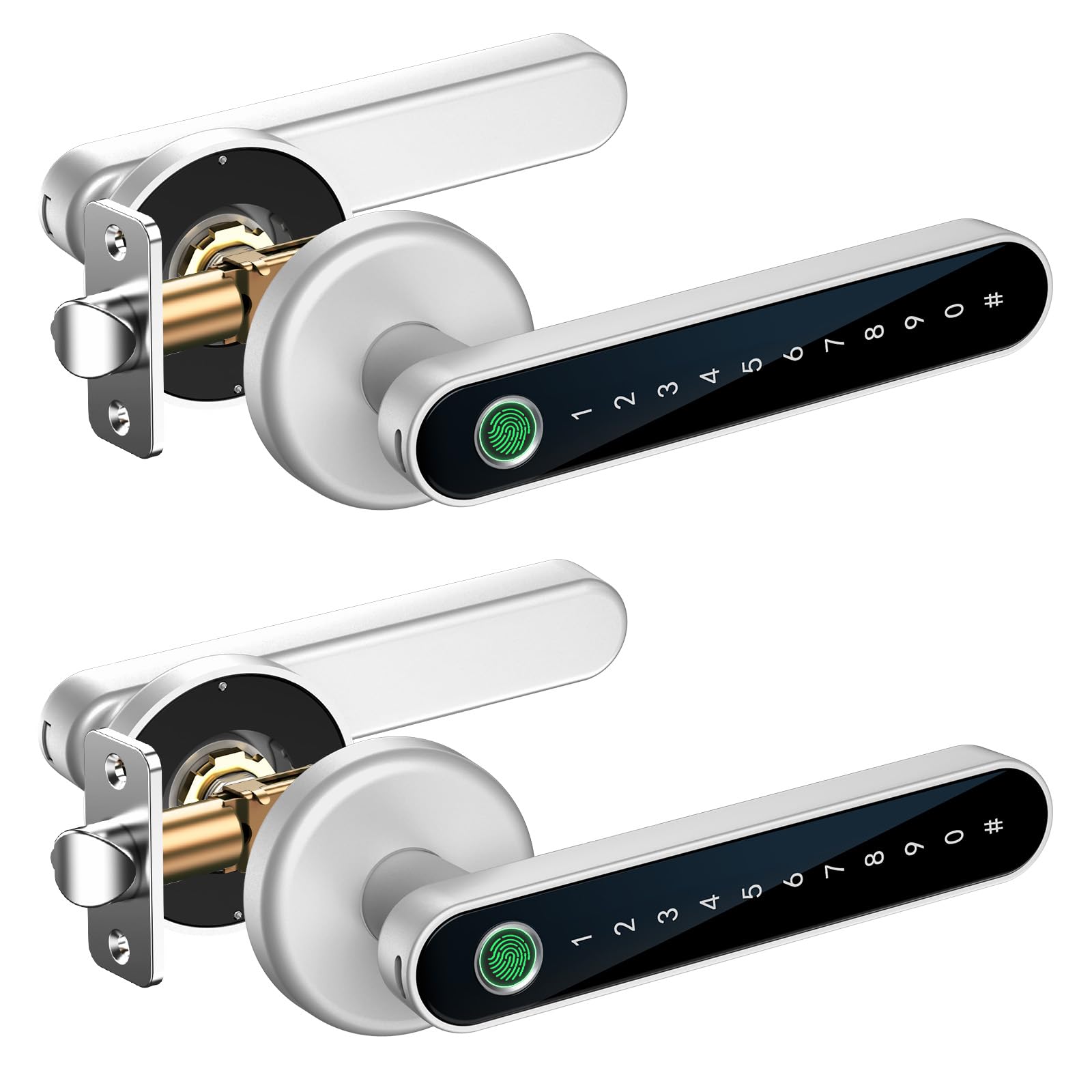 IRONZON Fingerprint Door Handle for Bedrooms - 2pcs 191F 3-in-1 Fingerprint Door Lock with Keypad, Fingerprint Door Knob for Bedroom with Key, Keyless Entry Door Handle - Silver