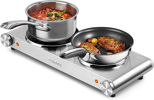 CUSIMAX Placa caliente eléctrica, quemador doble de 1800 W, Placas calientes de hierro fundido para cocinar, Estufa portátil de encimera de control