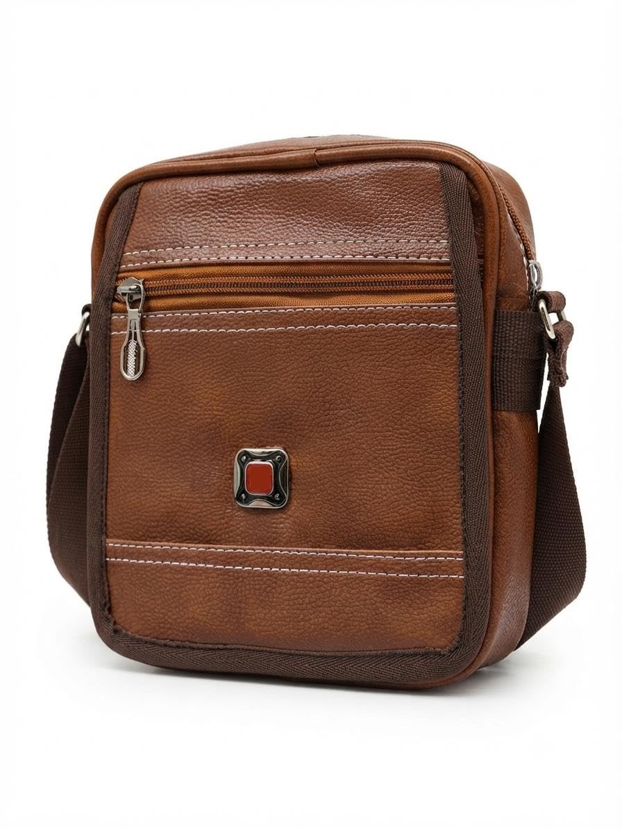 Men's Leather Sling Bag | Crossbody Shoulder Bag for Men | Premium Textured PU Leather Messenger Bag with Adjustable Strap | Multi Pocket Travel Office Casual Side Bag | Brown-image-4