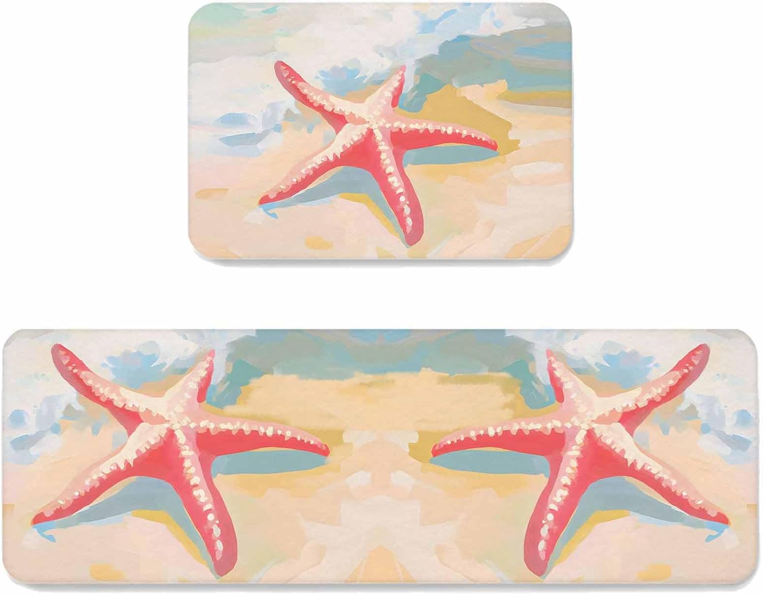 Prime Leader Pink Starfish Kitchen Mat Set 2 Pieces Watercolor Beach Coastal Ocean Wave Summer Non Slip Kitchen Rugs Washable Runner Rug Mats for Floor Sink Laundry Office 23.6" x 35.4"+23.6" x 70.9"