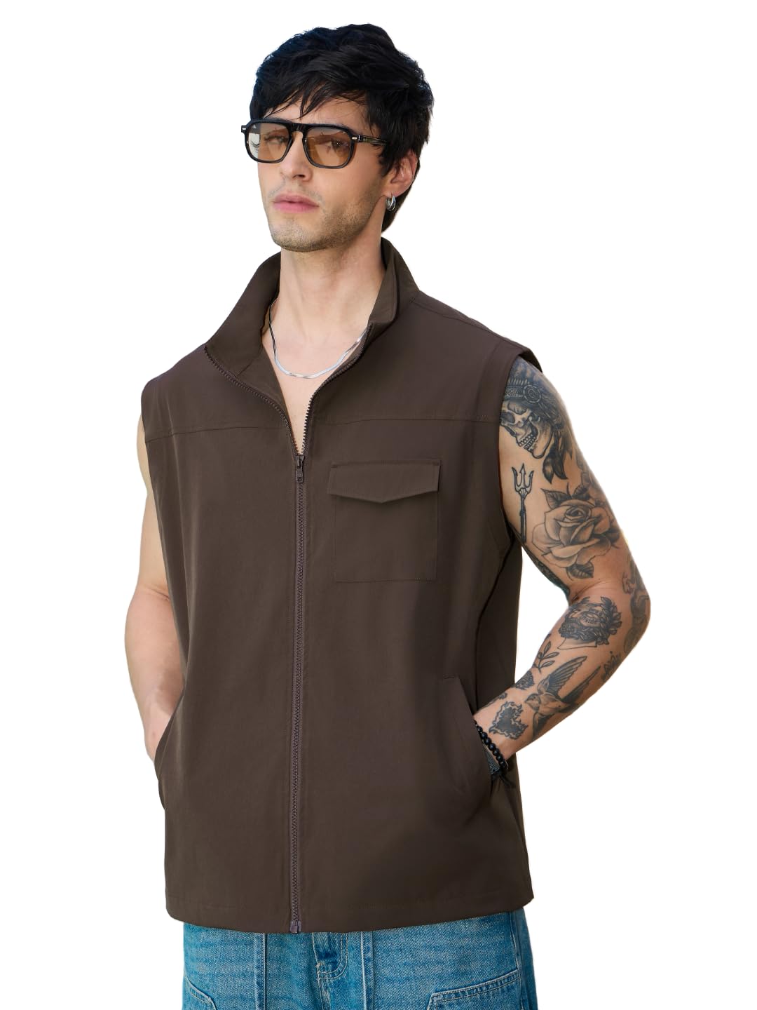 the souled store Utility Vest: Regalia Men and Boys Sleeveless Point Collar Black Solid Cotton Oversized Multi Pocket Zip Front Streetwear Summer Outdoor Vests-picture-12