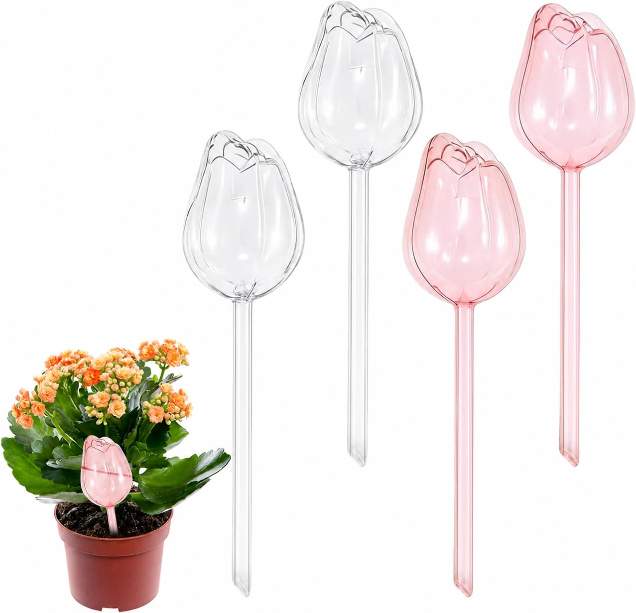 Viilich 4 Pack Tulip Shape Self Watering Globes, 200ml Transparent PVC Automatic Plant Waterer, Anti-Clog Drip Irrigation Spikes for Indoor Outdoor Potted Plants, Hanging Baskets and Garden Decor