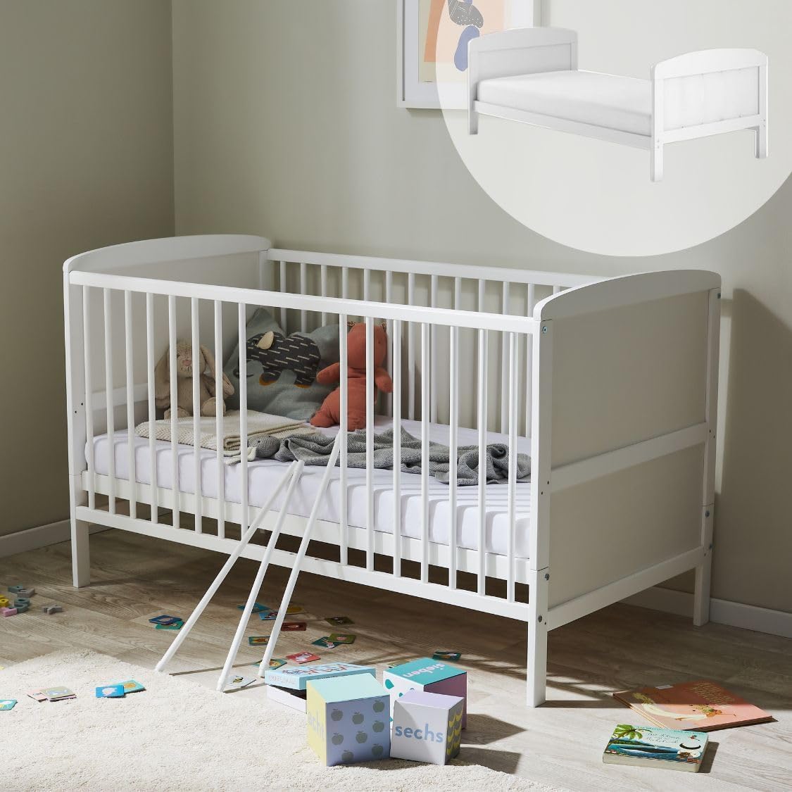 Kids Collective Lettino per bambini 70x140 Lettino trasformabile con sponde regolabili in altezza e barre rimovibili | bianco Legno massello di pino Made in Europe | dalla nascita fino ai 6 anni