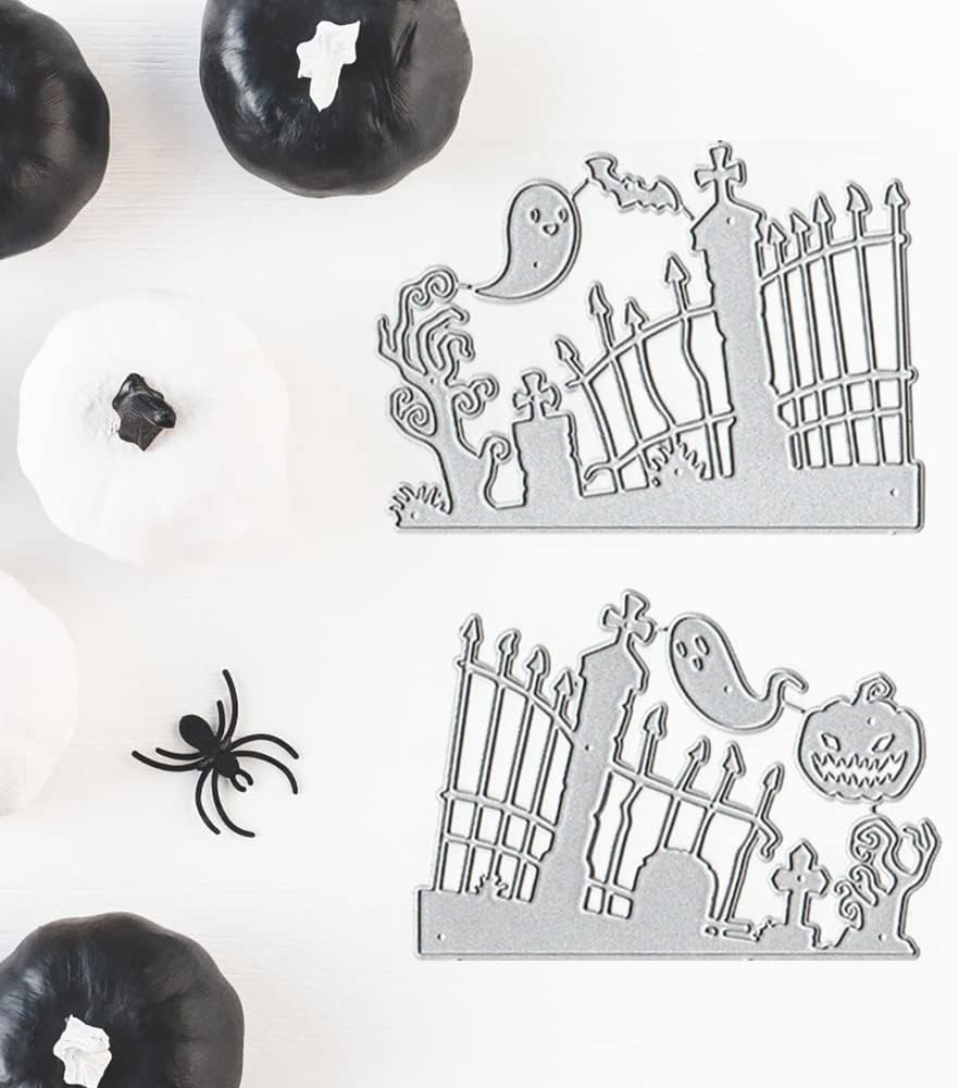 ALIBBON Halloween Die Cuts for Card Making and Scrapbooking, Pumpkin Ghost Fence Cutting Dies Metal Template Molds, Tree Grave Die Cuts for DIY Photo Album Paper Embossing Card Decoration