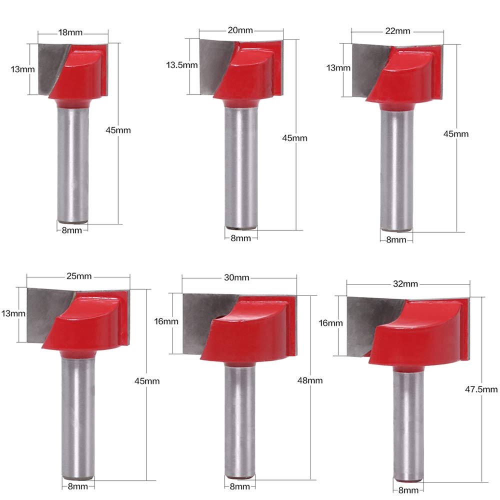 ASNOMY Set di 6 punte per fresatura, con codolo da 8 mm, Bit Router Fresa Pulizia Fondo Lavorazione Legno Lega Acciaio, per la pulizia del legno, punta 18/20/22/25/30/32 mm
