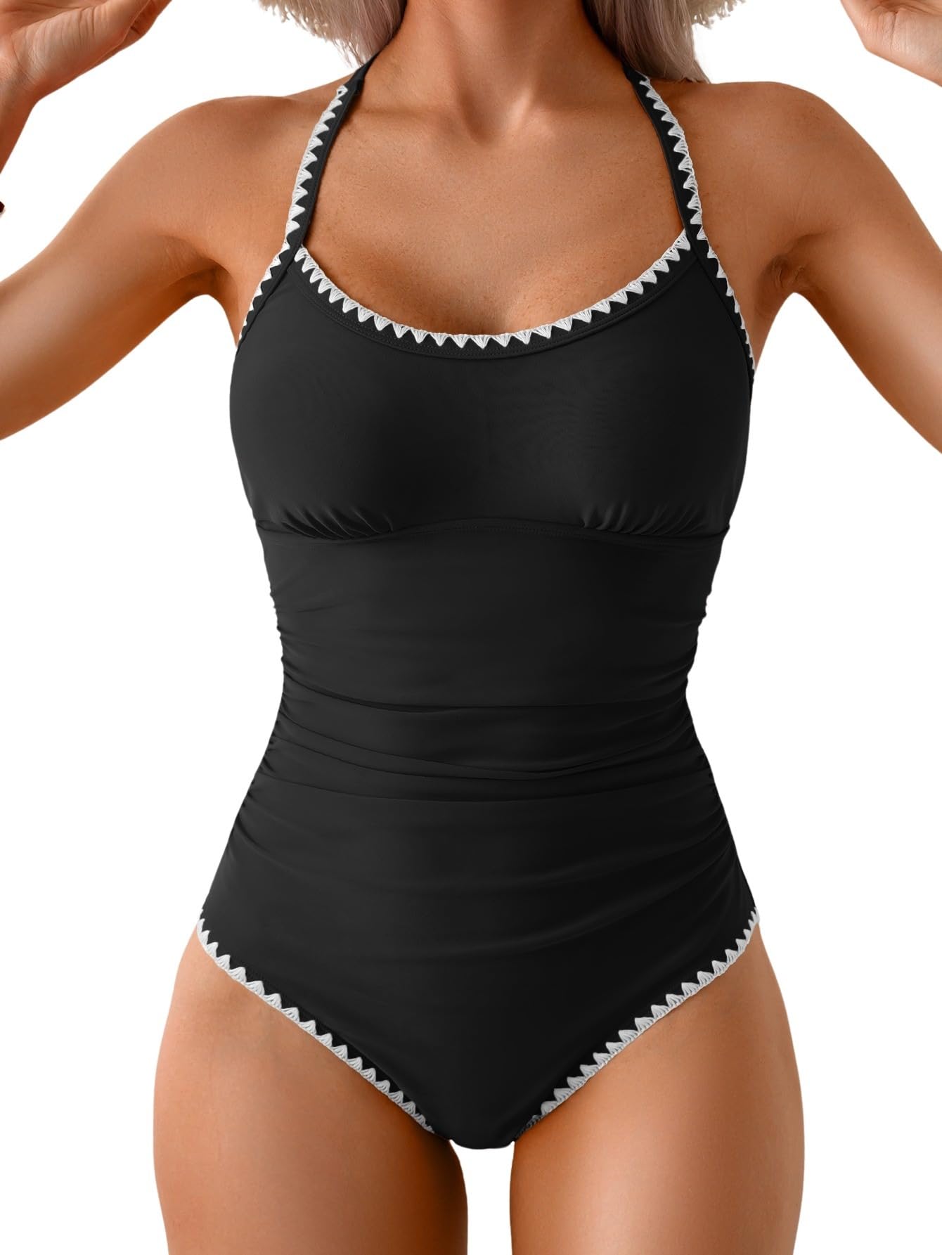 Eomenie Womens One Piece Swimsuit Tummy Control Slimming Bathing Suit Ruched Swimwear Tie Back Shell Stitch Swim Suit