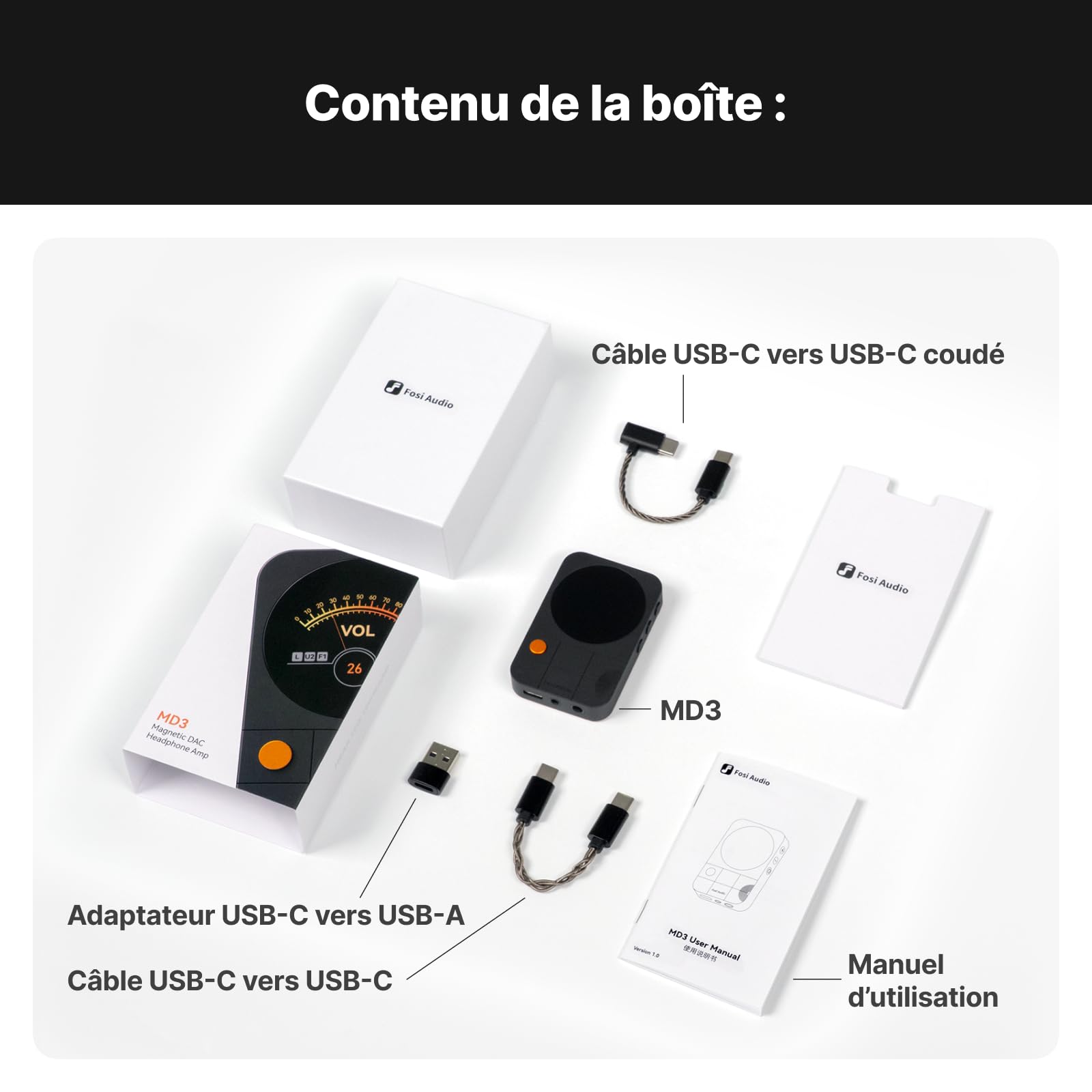 Fosi Audio MD3 Magnetic Headphone Amplifier, Portable DAC Dongle avec Écran 1,28", ES9039Q2M, Ampli Casque Sorties 3.5 & 4.4mm, Hi-FI Amplifier PCM 32bit/384kHz, Ampli HiFi pour Phone/Pad/PC, Noir