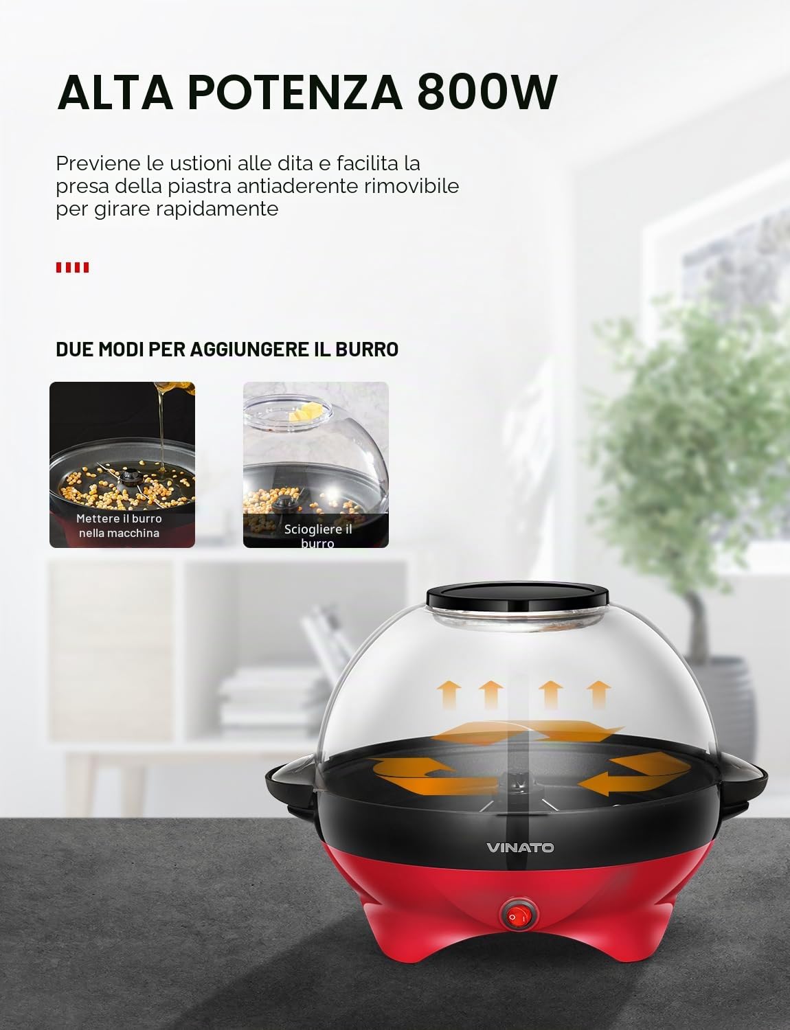 VINATO Macchina Popcorn, Macchina Pop Corn da 5 Litri per la Casa, con Rivestimento Antiaderente e Superficie Riscaldante Rimovibile, Macchina per Pop Corn Silenziosa e Veloce