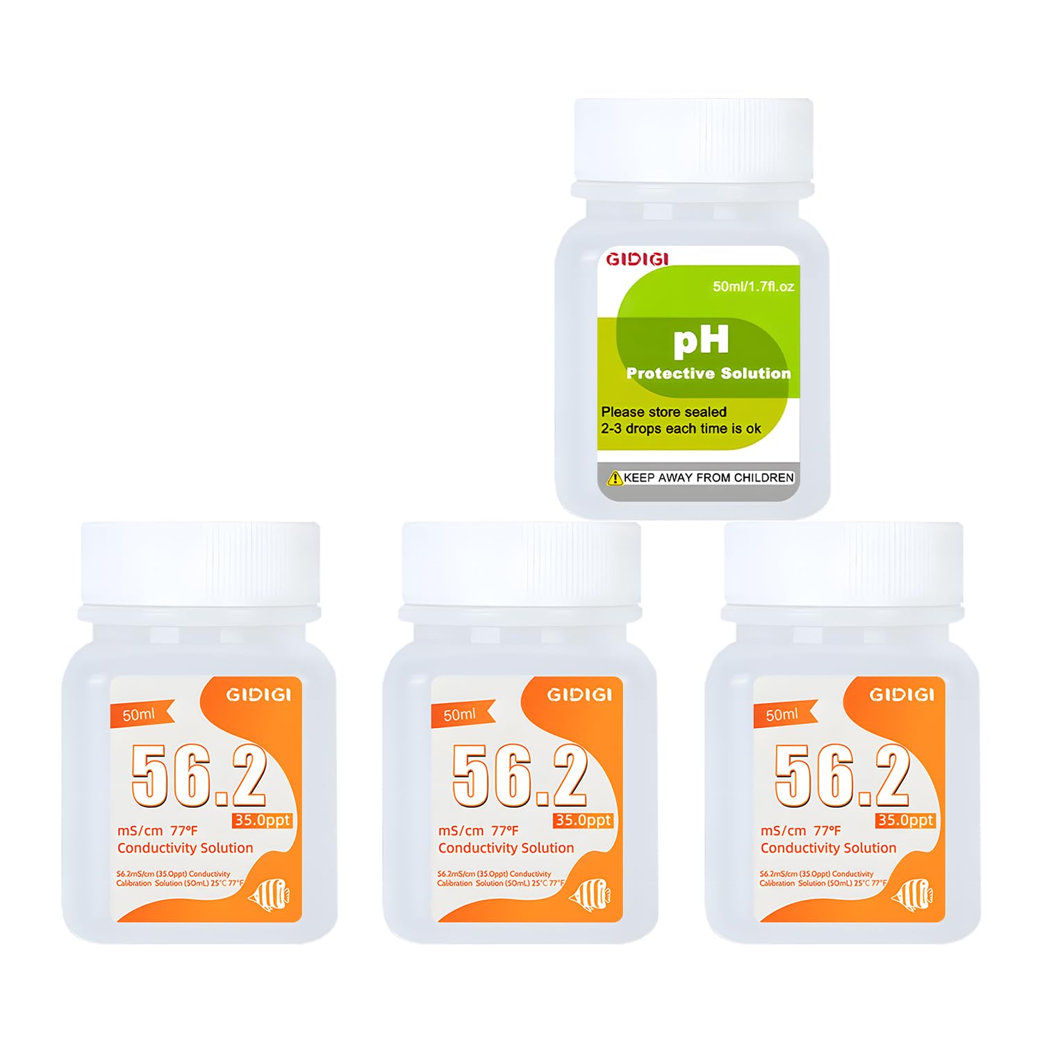 56.2 mS/cm Calibration Solution*3,pH Electrode Protection Solution*1,35ppt Salt EC TDS Buffer Solution Kit,Suitable for GIDIGI 5-in-1 Aquarium Water Quality Tester, Multi-Parameter Salinity pH Meter