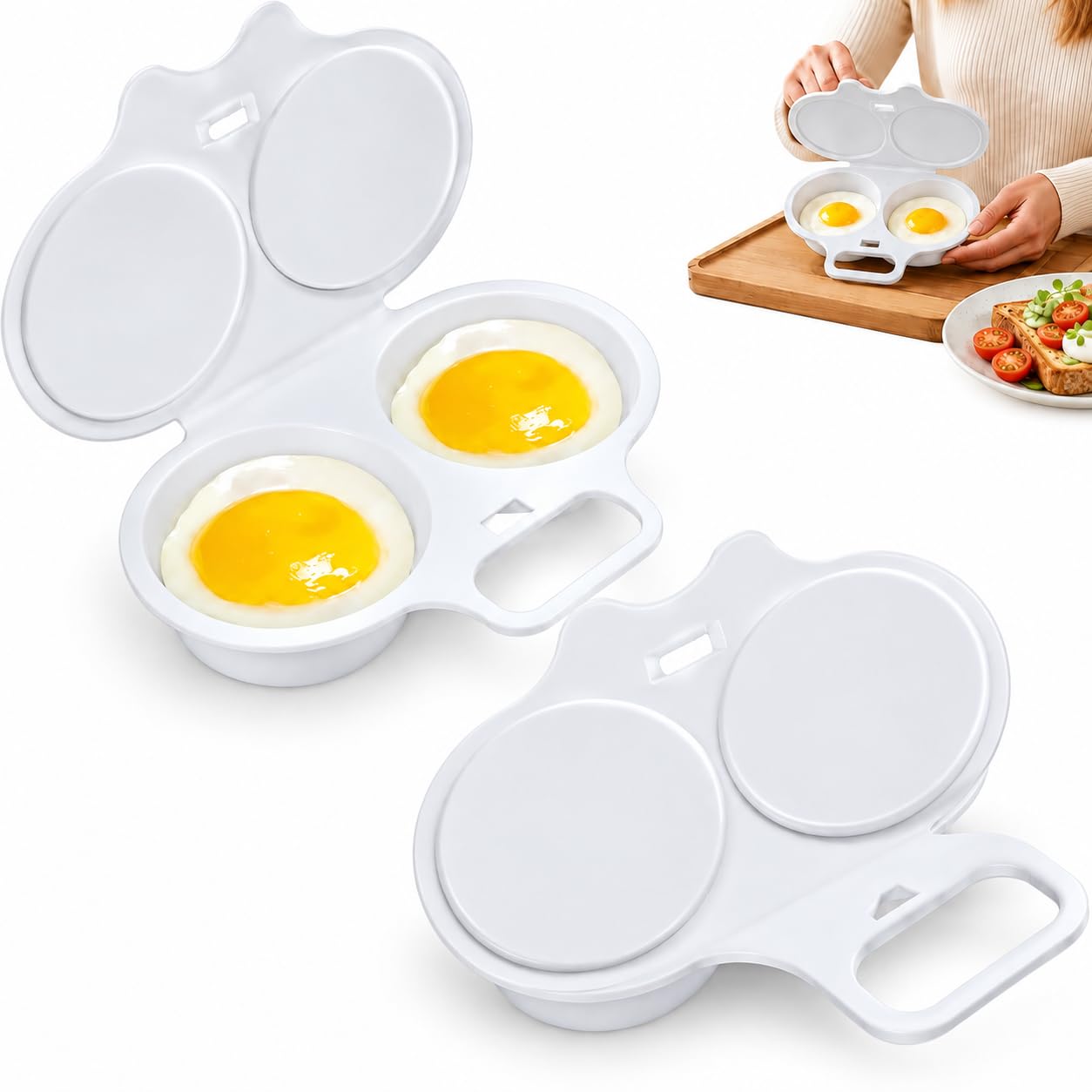 2Pack Microwave Egg Poacher with Lid & Handle,Dual Cavity Egg Cooker(White)
