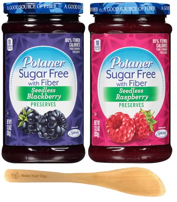 Polaner Conservas sin semillas sin azúcar con fibra, mora y frambuesa. 13.5 onzas (paquete de 2) - con esparcidor Make Your Day