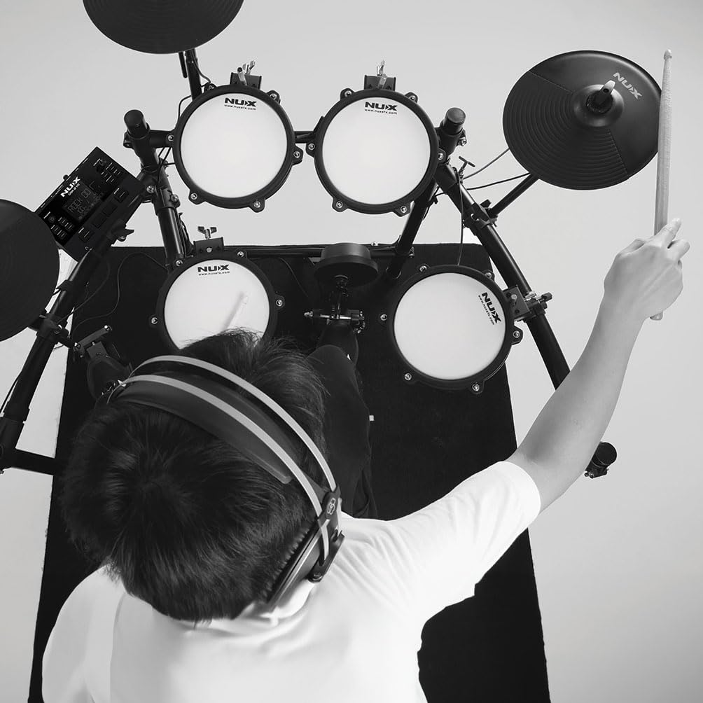 Nux DM-210 Digital Drum Kit, batería digital con parches de malla (tecnología de disparo dual, aux-in, Bluetooth, función de coach, puerto USB para MIDI y biblioteca de sonidos), Negro