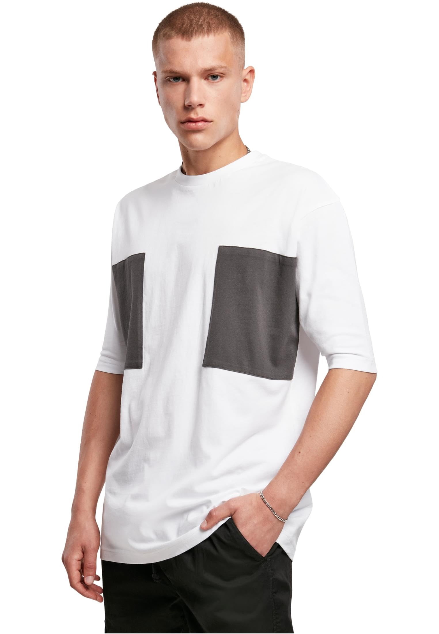 Urban Classics Men's Big Double Pocket tee T-Shirt, White/Asphalt, S