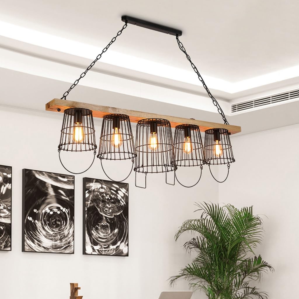 Chandelier suspension industrielle bois rétro 5 lumières E27 éclairage fixation 130cm