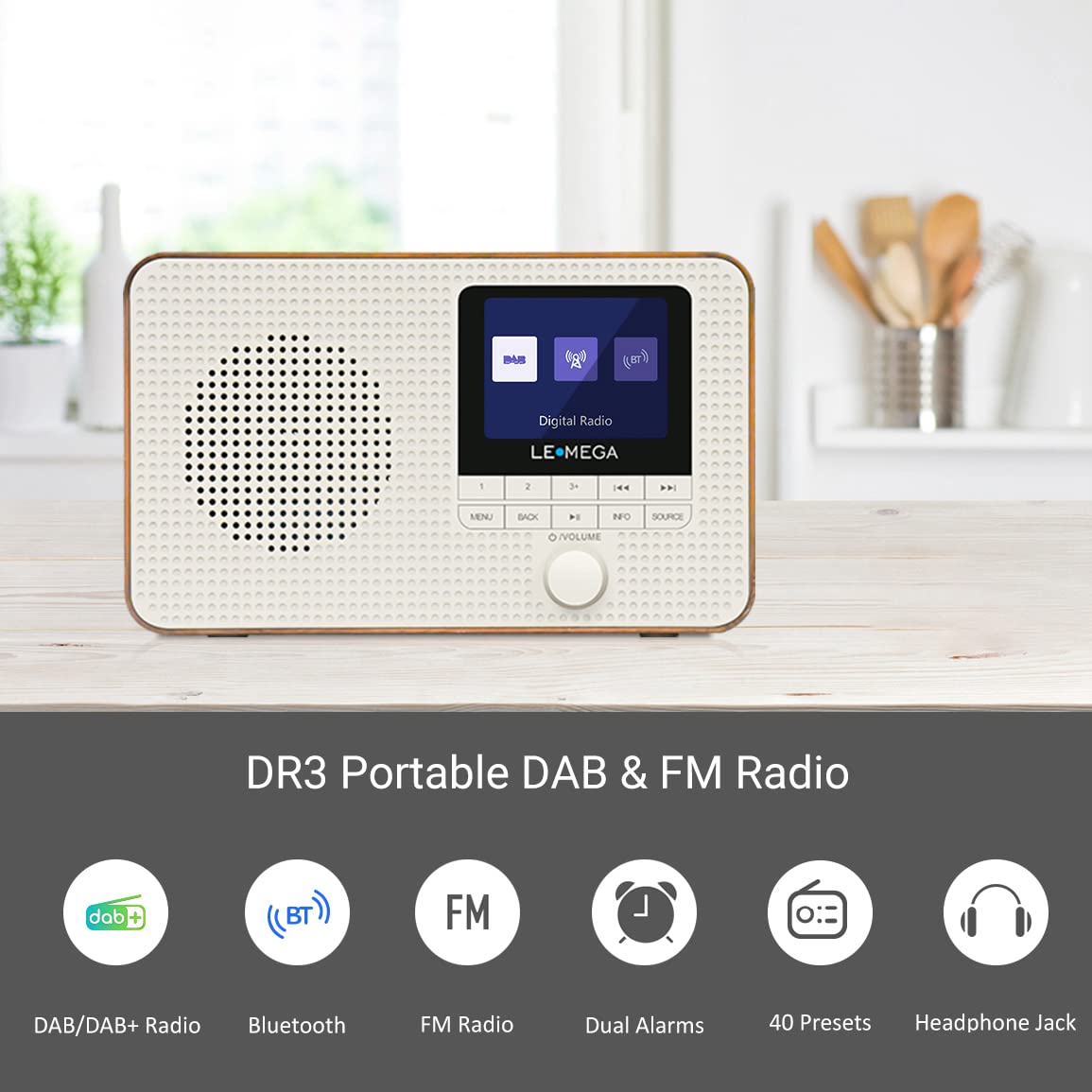 LEMEGA DR3 DAB/DAB+ e FM Radio digitale portatile, Bluetooth,uscita cuffie,40 stazioni preimpostate,doppio allarme orologio,batterie portatili o alimentate da rete,display a colori - Noce