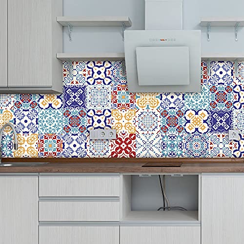 Azulejos Adhesivos Cocina 20x20 cm Flores Rojas Y Moradas Vinilos Baño Azulejos Impermeable Azulejos Adhesivos Baño Vinilo Pared Decoración de Muebles Azulejos Adhesivos (24 Piezas)