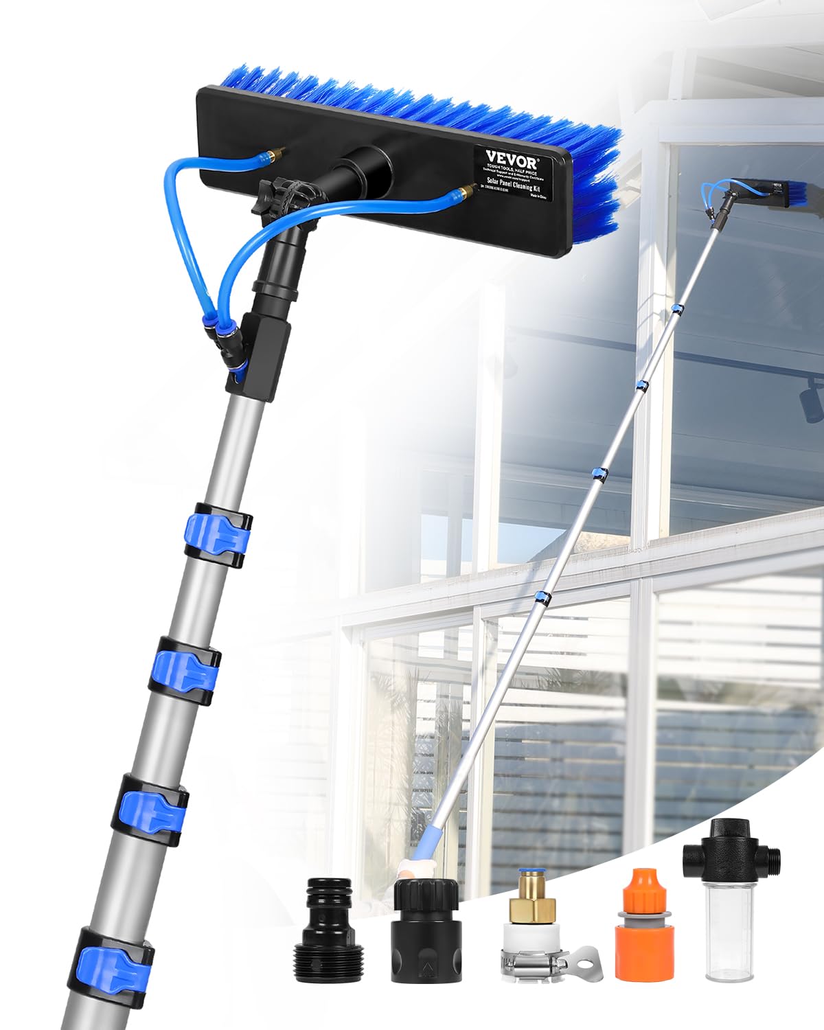 VEVOR Kit Palo Alimentato ad Acqua, Palo per Pulizia dei Pannelli Solari 9 m con Manico Estensibile, Testina della Spazzola Girevole a 180° Tubo Flessibile 20 m, per Ponte Pannello Solare Roulotte