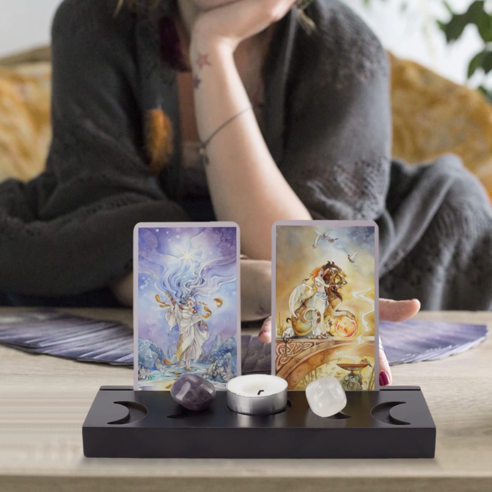 Nbeads Porte Cartes De Tarot En Bois Avec Phases De Lune - Support De Sorcière 9x7.6x2.54cm Pour Cartes Oracle Et Divination