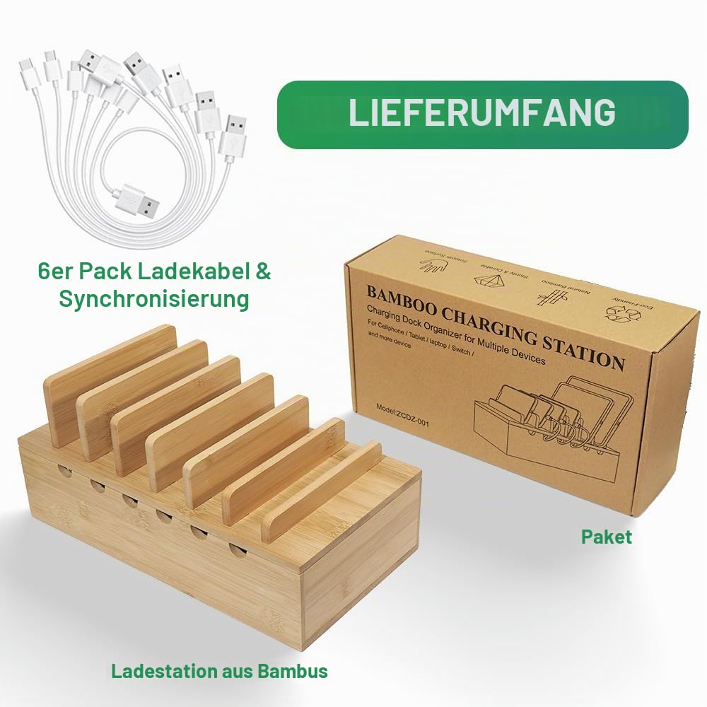 Bambus-Ladestation für mehrere Geräte, Upgrade-Schreibtisch-Dockingstationen, Organizer für Apple-Geräte, Holz-Lade-Handyhalter-Ständer (inkl. 6 Kabel) (ohne Netzteil)