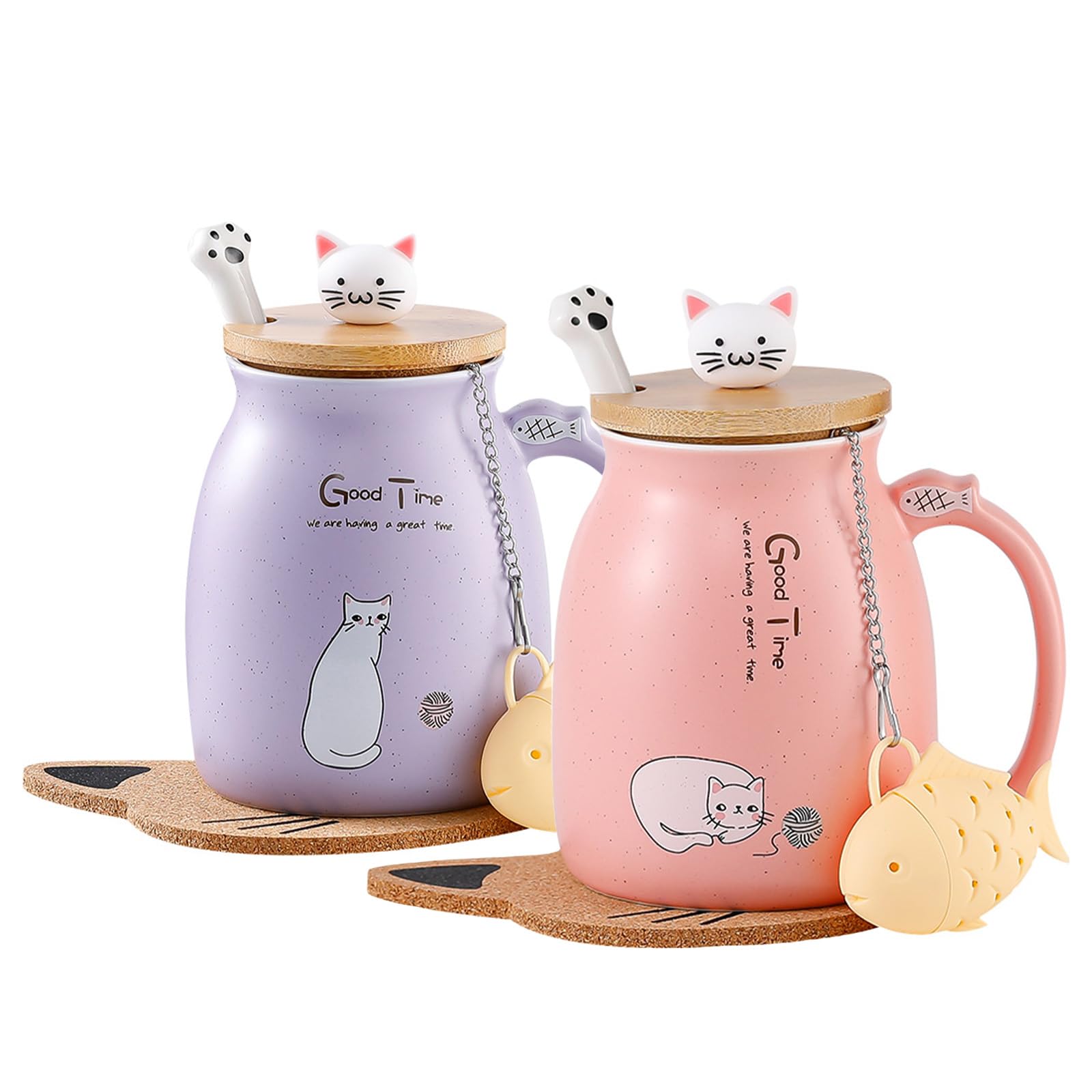 Katzen-Tasse Süße Keramik Kaffeetasse mit deckel,Edelstahl Löffel, Neuheit Morgen Cup Tee Milch Weihnachten Becher Geschenk 380ML (Rosa & Lila)