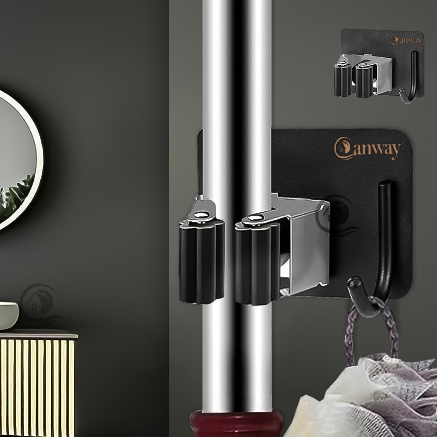 CANWAY® 2 Pieces (Black) Self Adhesive Heavy Duty Stainless Steel Wall Mounted Broom and Mop Stick Holder, No Drill Holders for Home, Kitchen, Garden, Laundry and Garage-image-14