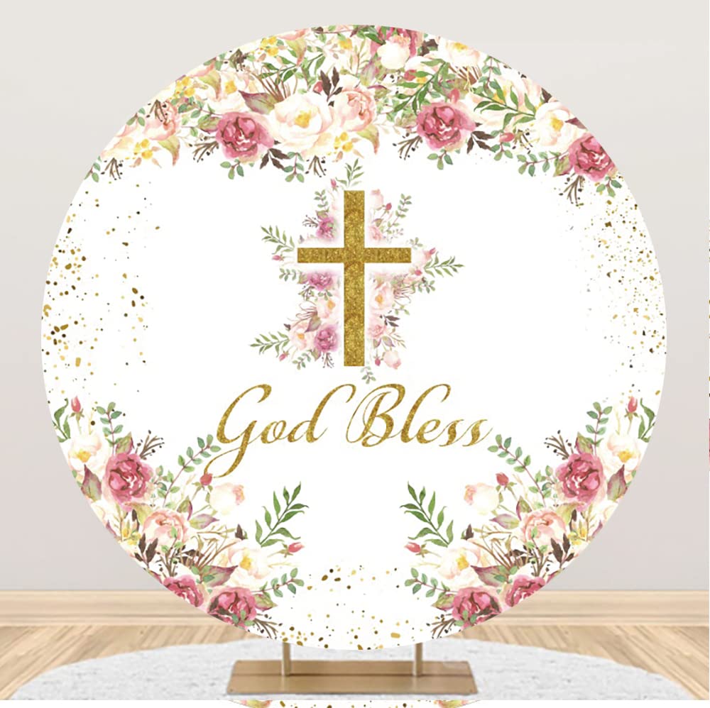 Leyiyi 7.5x7.5ft God Bless Round Backdrop Cover Pink Floral First Holy Communion Christening Round Background for Photography Baby Shower Newborn