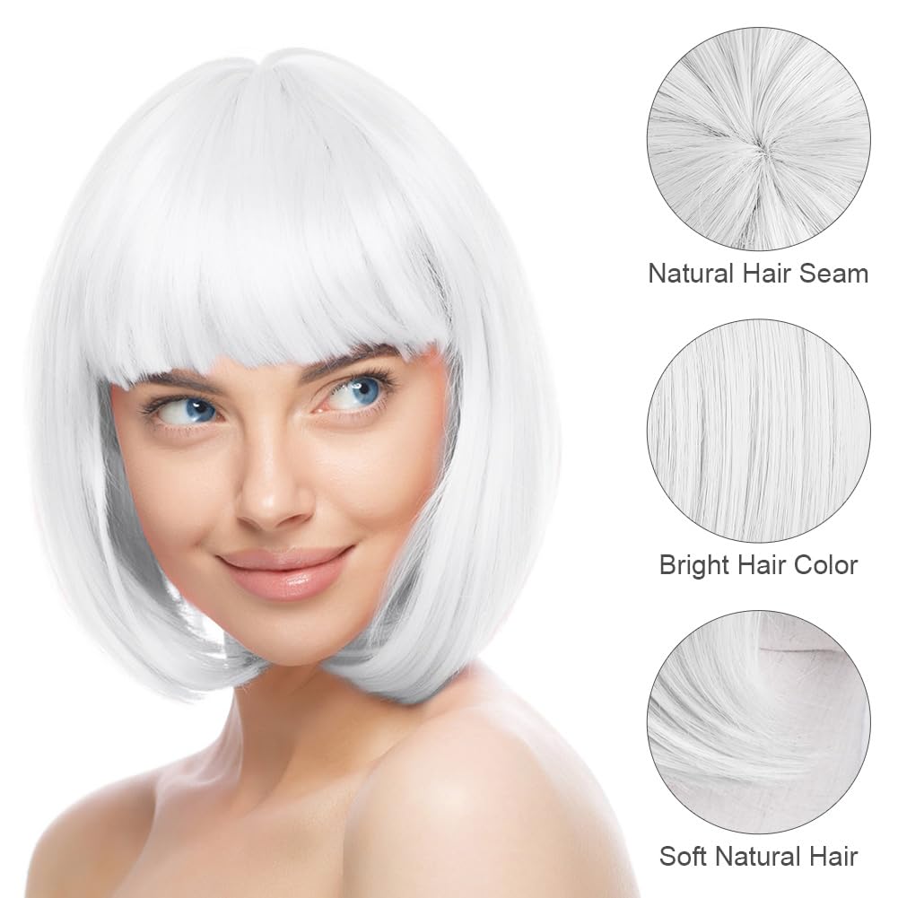 Aomig 3 Pack Short White Bob Wigs Set including 2 Wig Cap, Neon Fancy Dress Accessory Cosplay Party Wig - Image 3